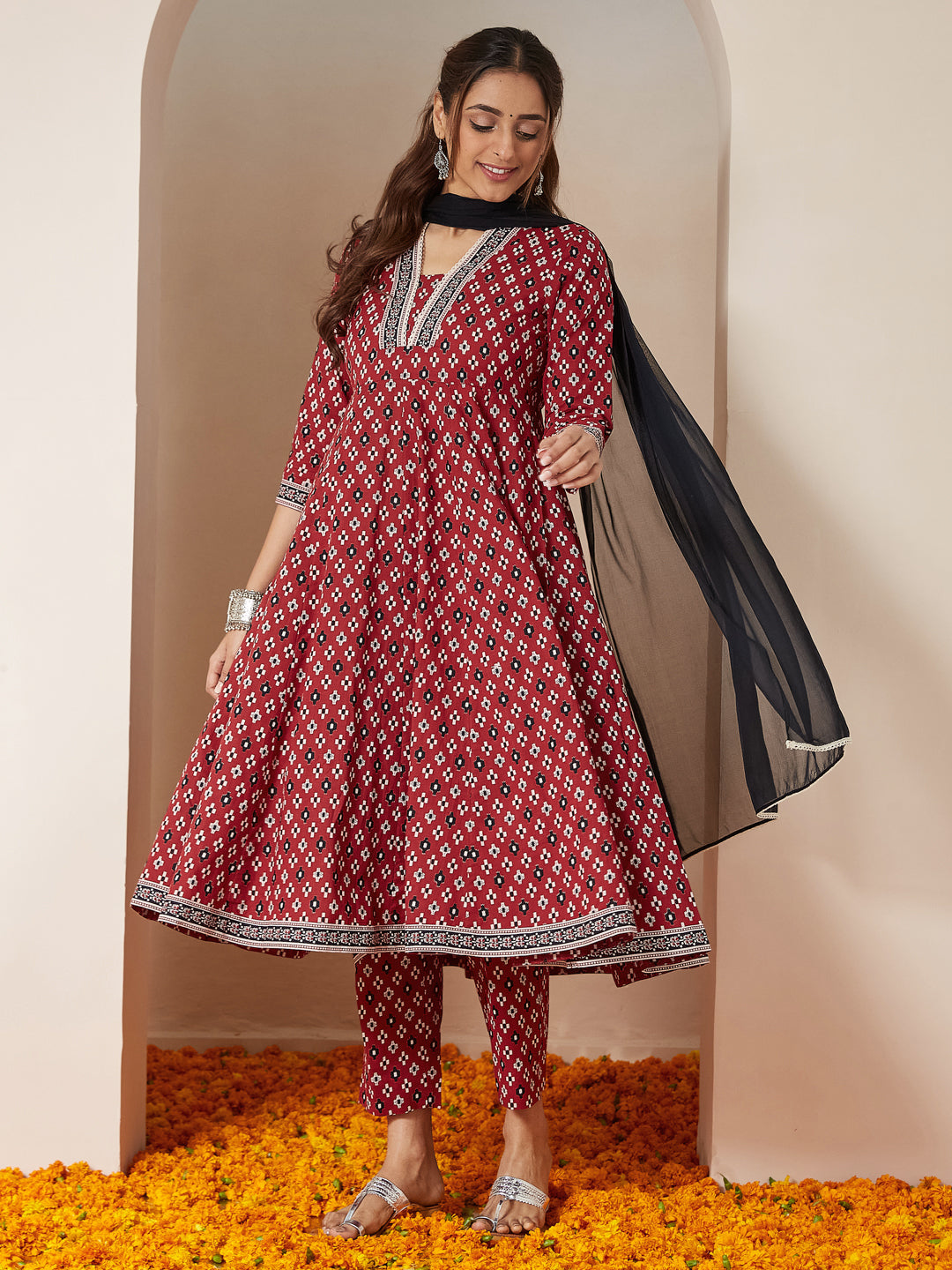 Janasya Women's Maroon Pure Cotton Ikkat Printed Anarkali Kurta Set - qivii