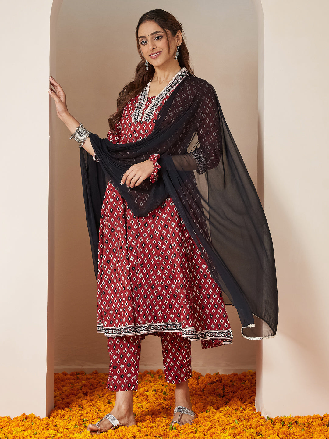 Janasya Women's Maroon Pure Cotton Ikkat Printed Anarkali Kurta Set - qivii