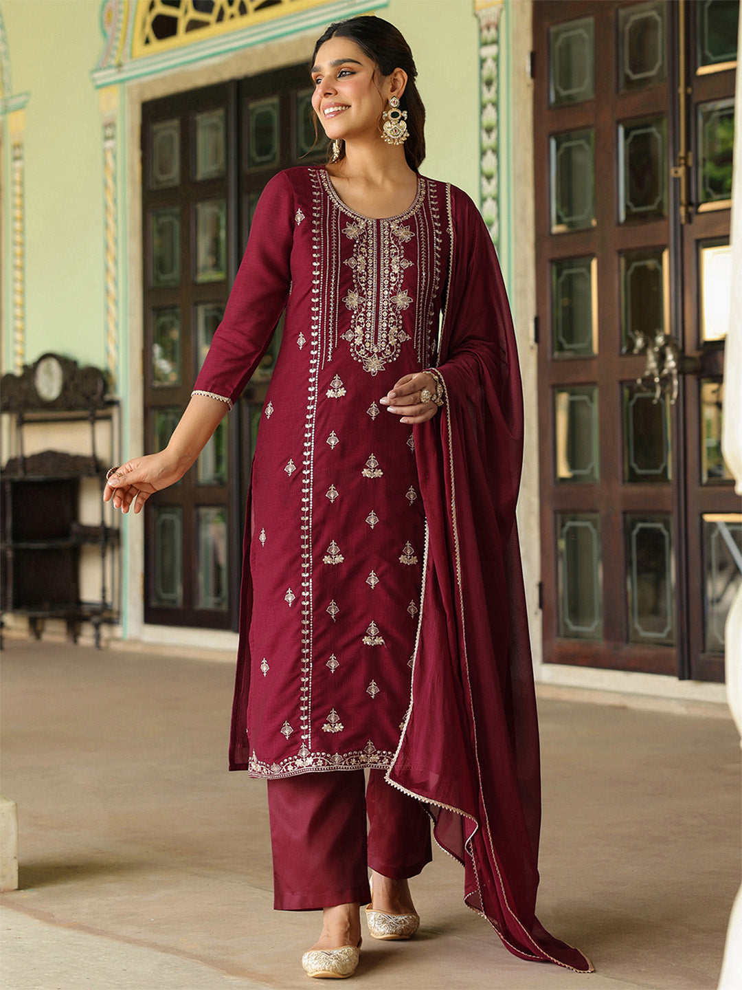 Janasya Women's Maroon Silk Blend Zari Embroidered Straight Kurta Set With Dupatta - qivii