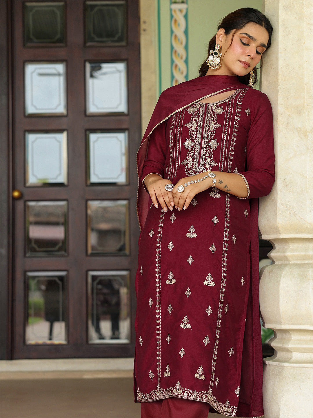 Janasya Women's Maroon Silk Blend Zari Embroidered Straight Kurta Set With Dupatta - qivii