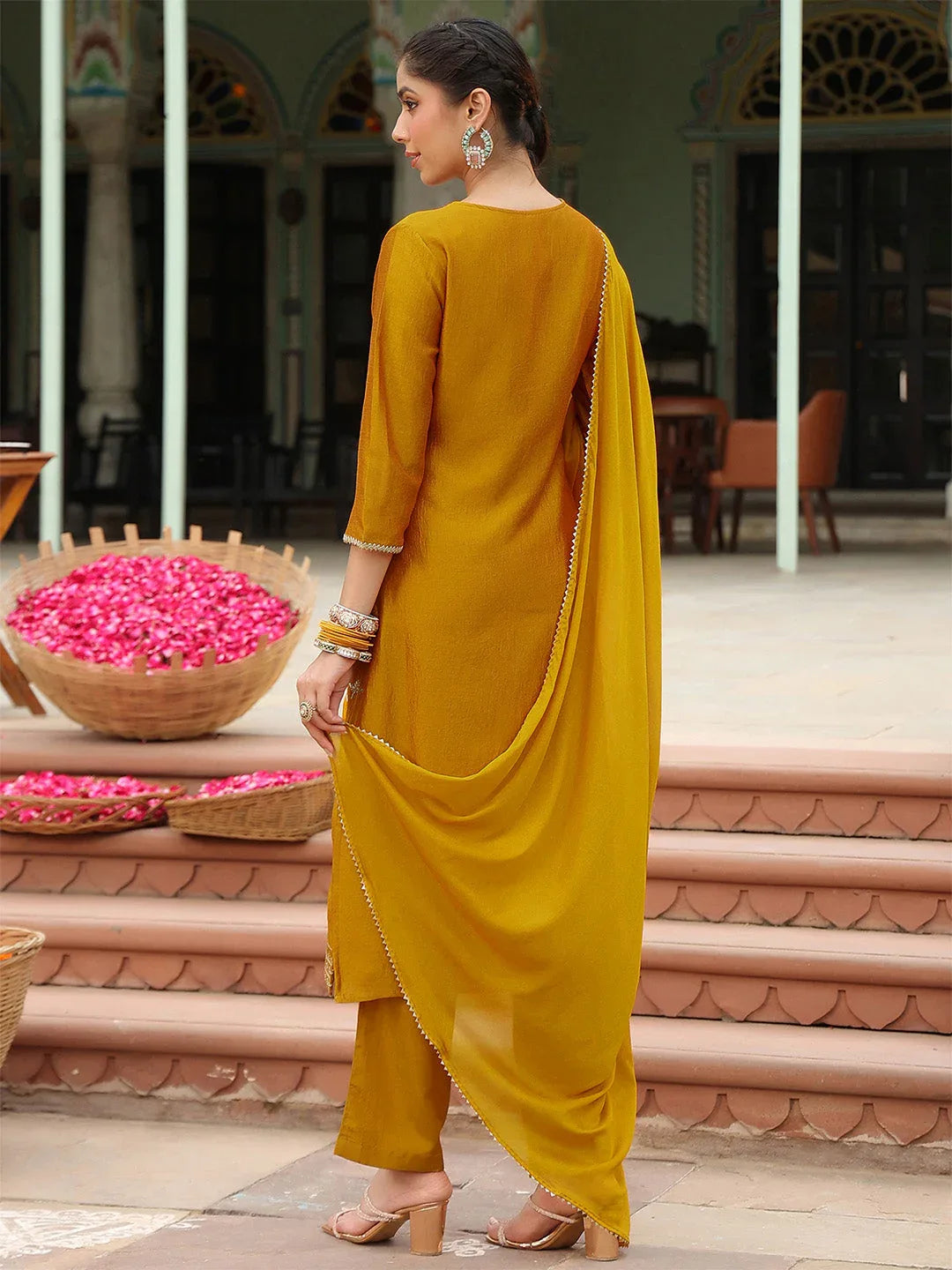 Janasya Women's Mustard Silk Blend Embroidered Straight Kurta Set
