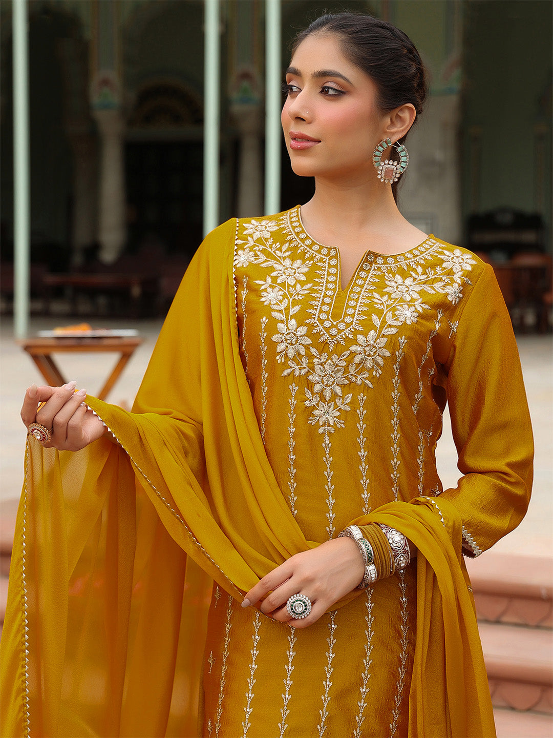 Janasya Women's Mustard Silk Blend Embroidered Straight Kurta Set - qivii