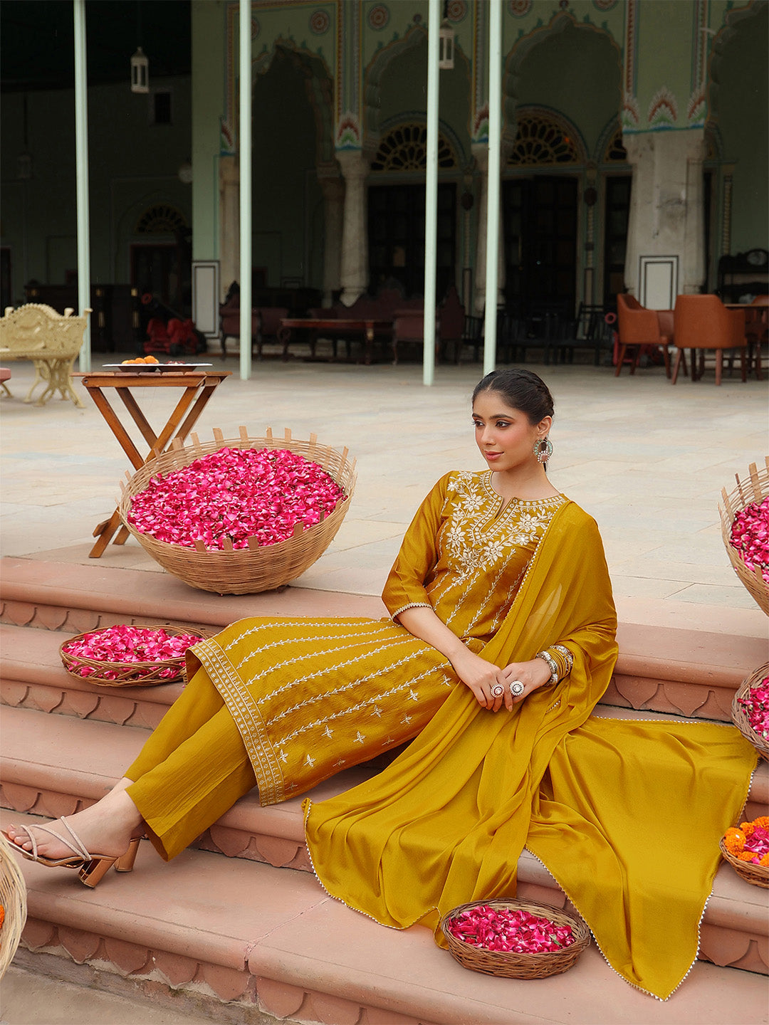 Janasya Women's Mustard Silk Blend Embroidered Straight Kurta Set - qivii