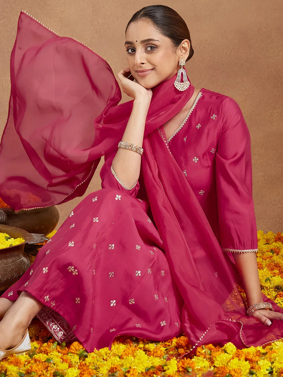Janasya Women's Pink Chanderi Silk Embellished Zari Embroidered A-line Kurta Set