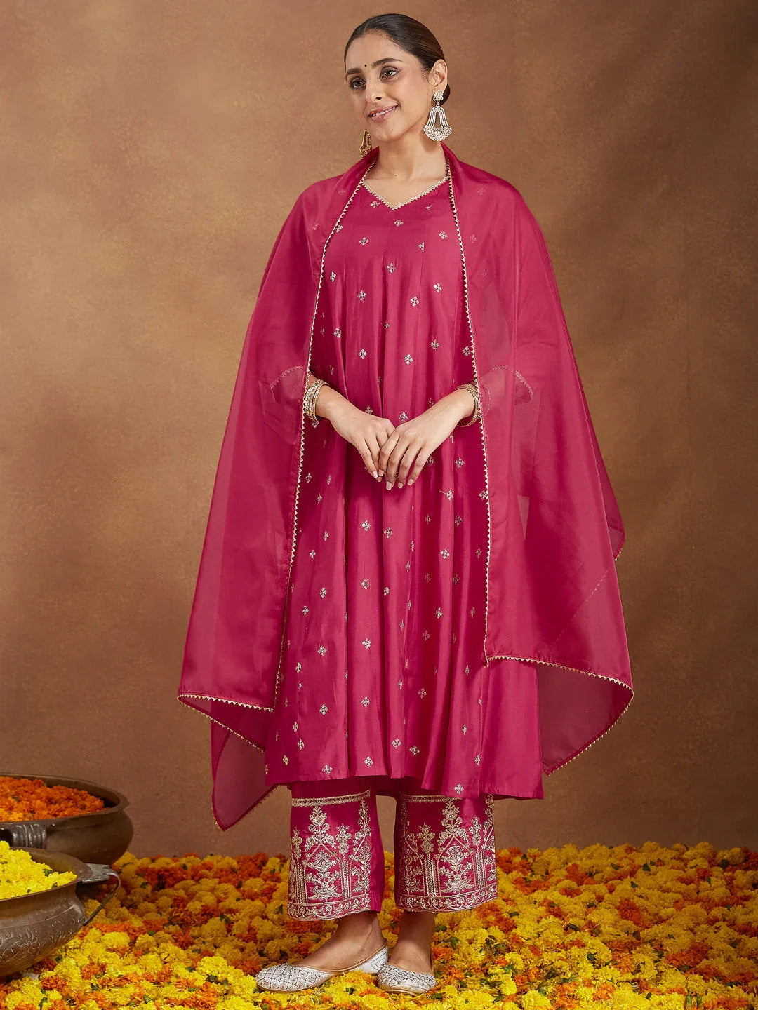 Janasya Women's Pink Chanderi Silk Embellished Zari Embroidered A-line Kurta Set