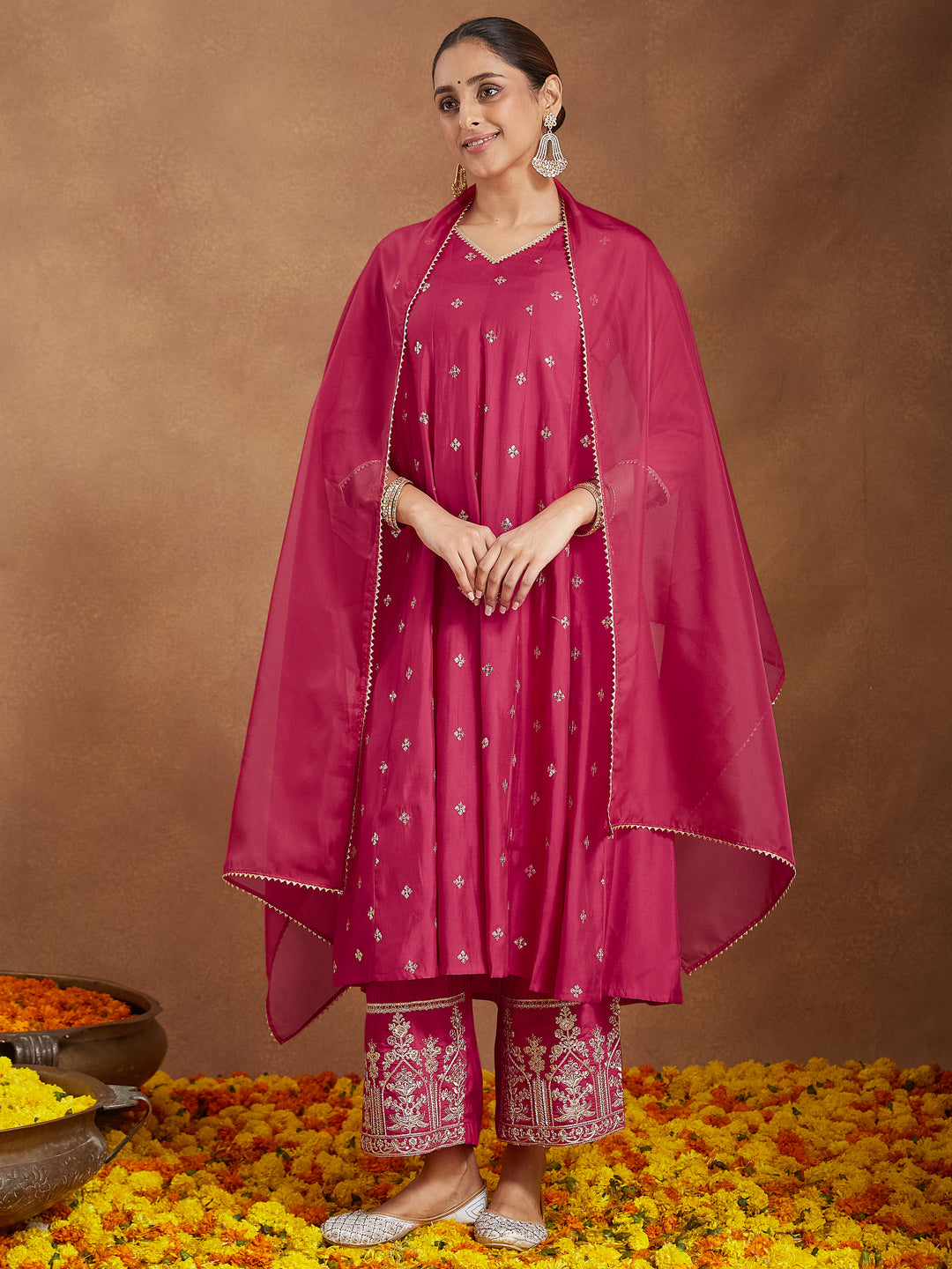 Janasya Women's Pink Chanderi Silk Embellished Zari Embroidered A-line Kurta Set - qivii