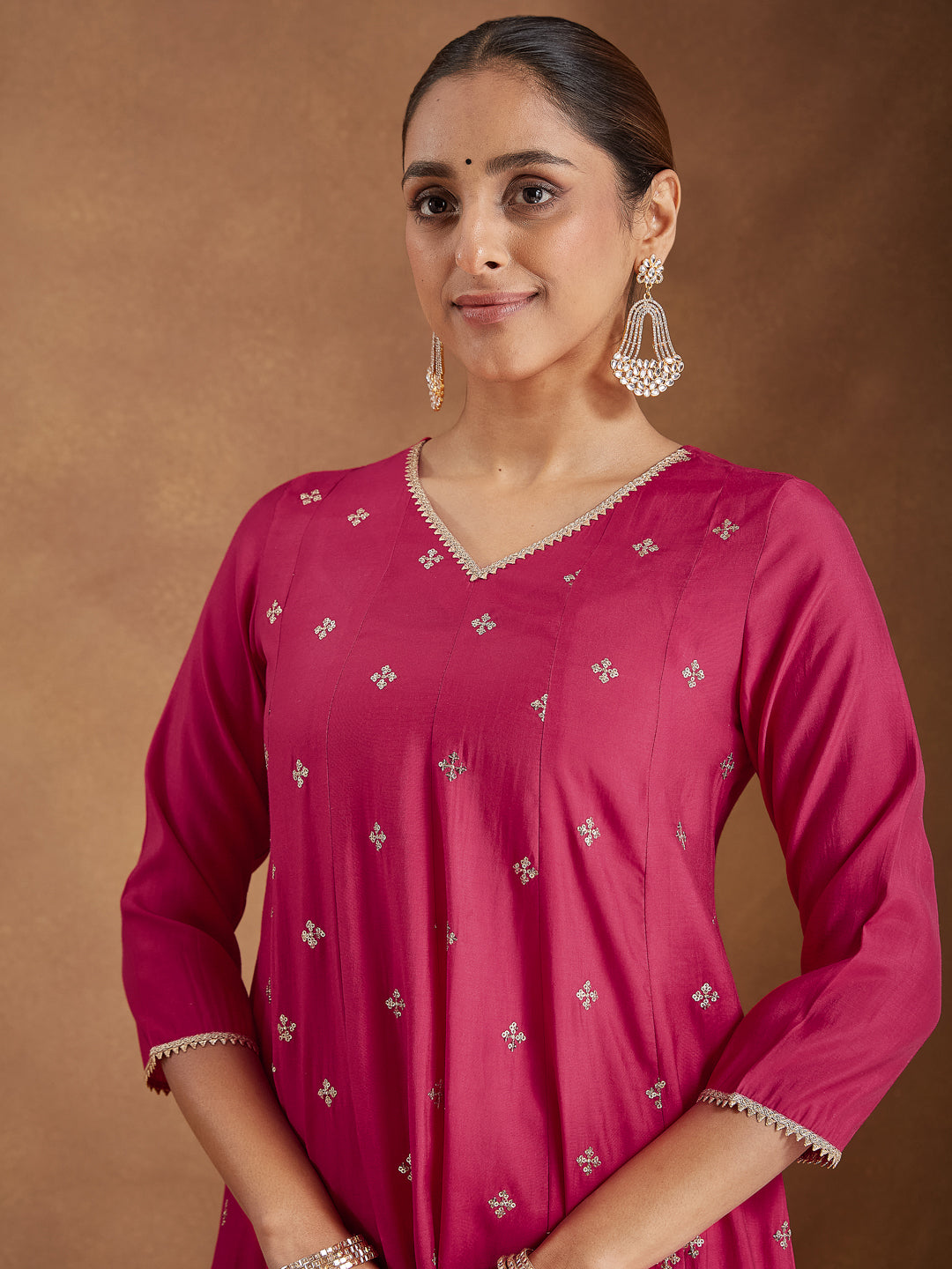 Janasya Women's Pink Chanderi Silk Embellished Zari Embroidered A-line Kurta Set - qivii