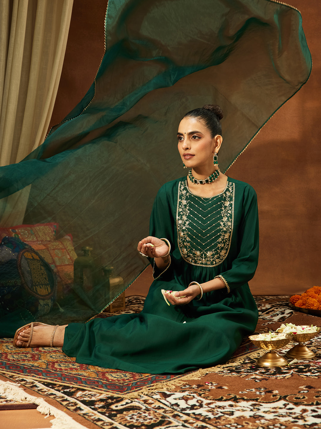 Janasya Women's Bottle Green Chanderi Silk Embroidered A-line Kurta Set