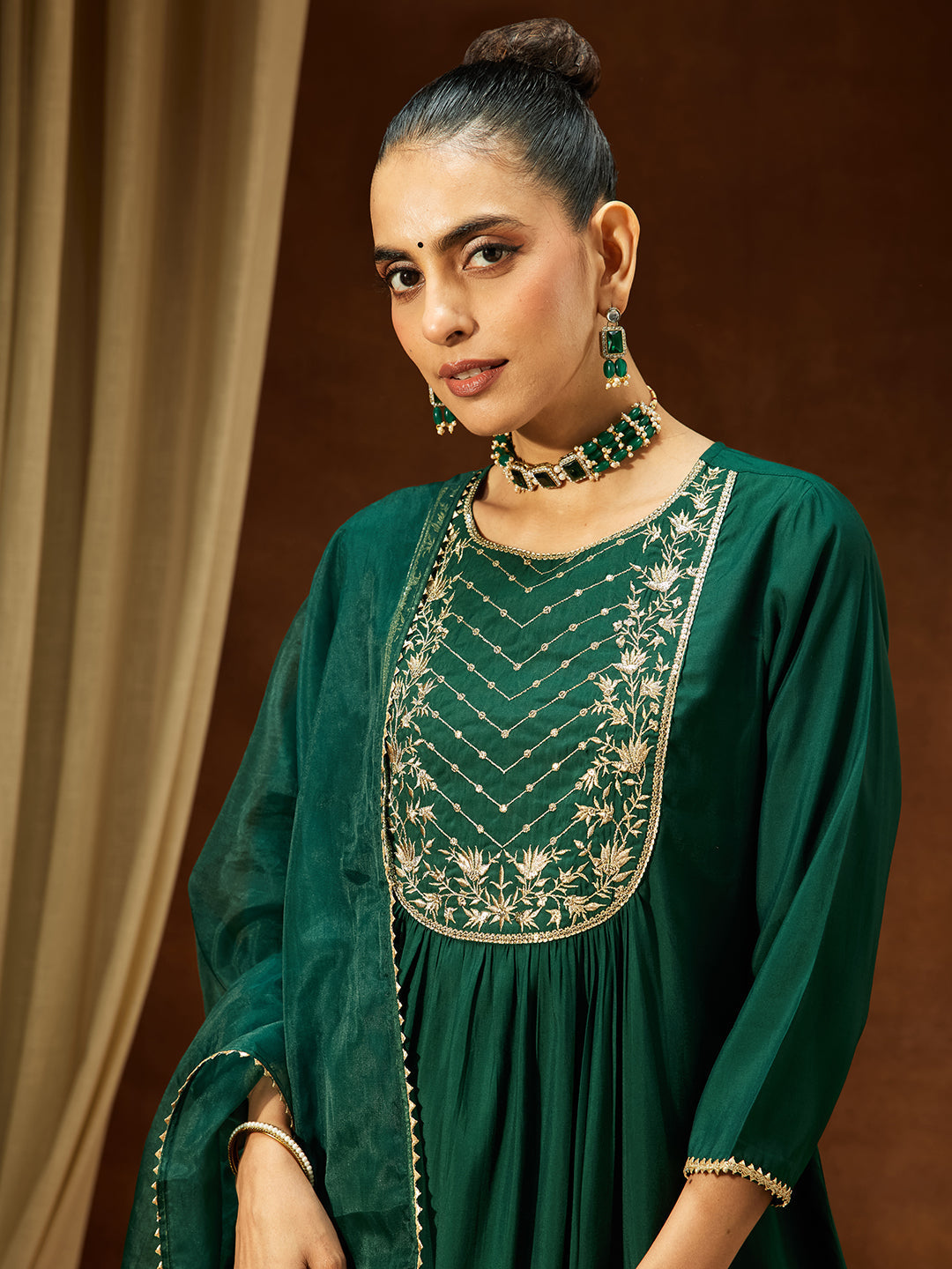 Janasya Women's Bottle Green Chanderi Silk Embroidered A-line Kurta Set