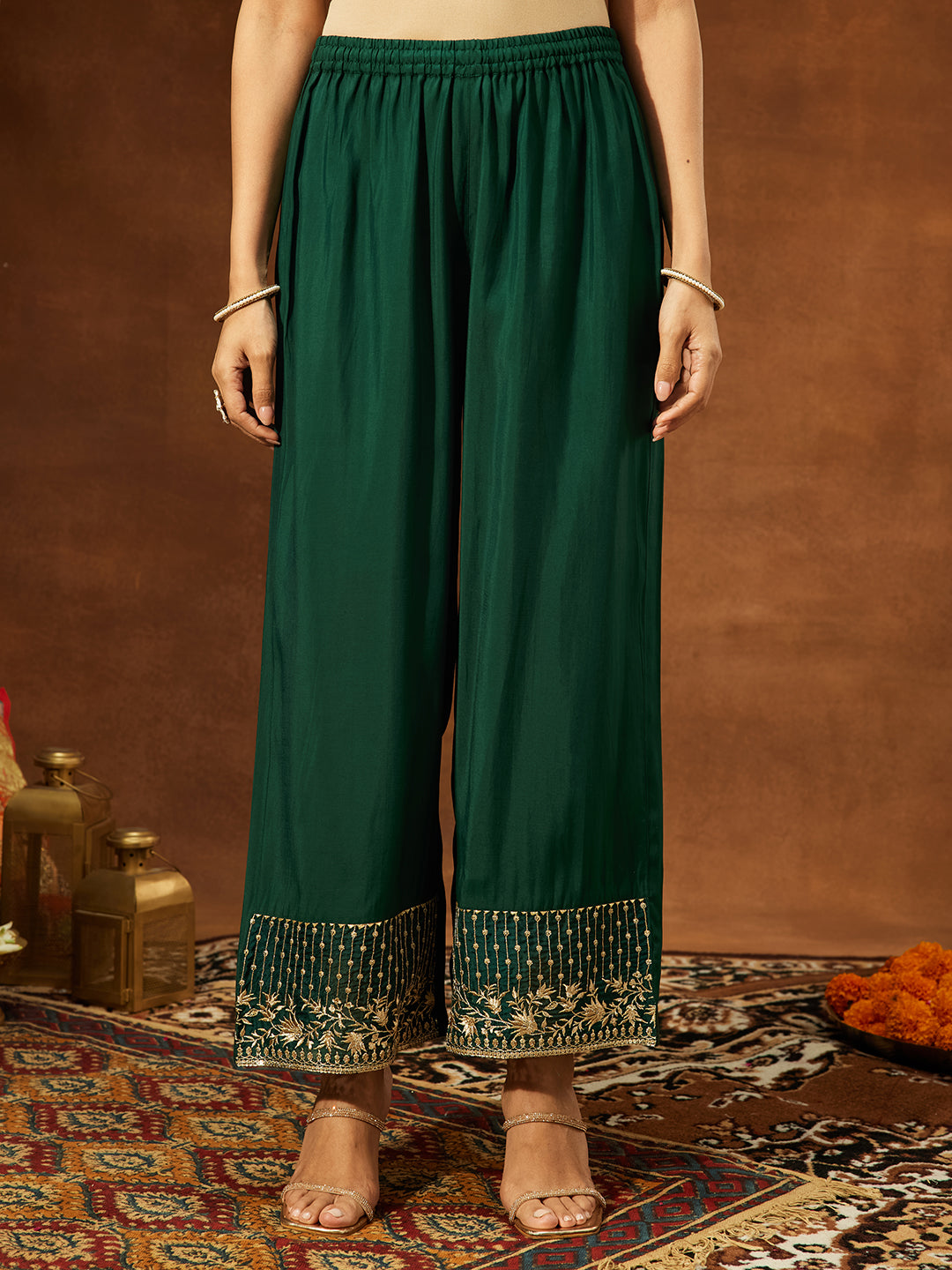 Janasya Women's Bottle Green Chanderi Silk Embroidered A-line Kurta Set