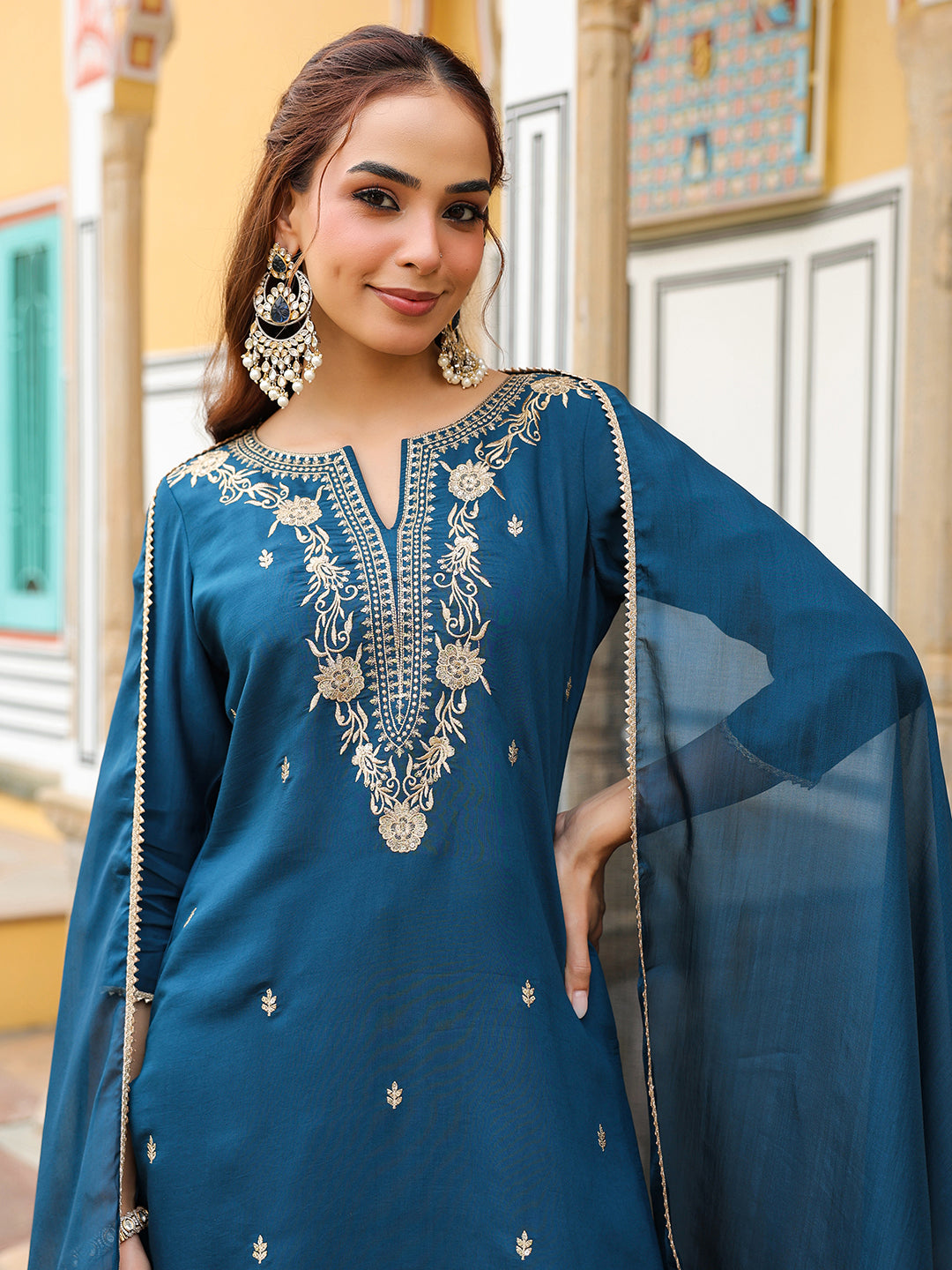 Janasya Women's Teal Blue Chanderi Silk Zari Embroidered Straight Kurta With Palazzo & Dupatta Set - qivii