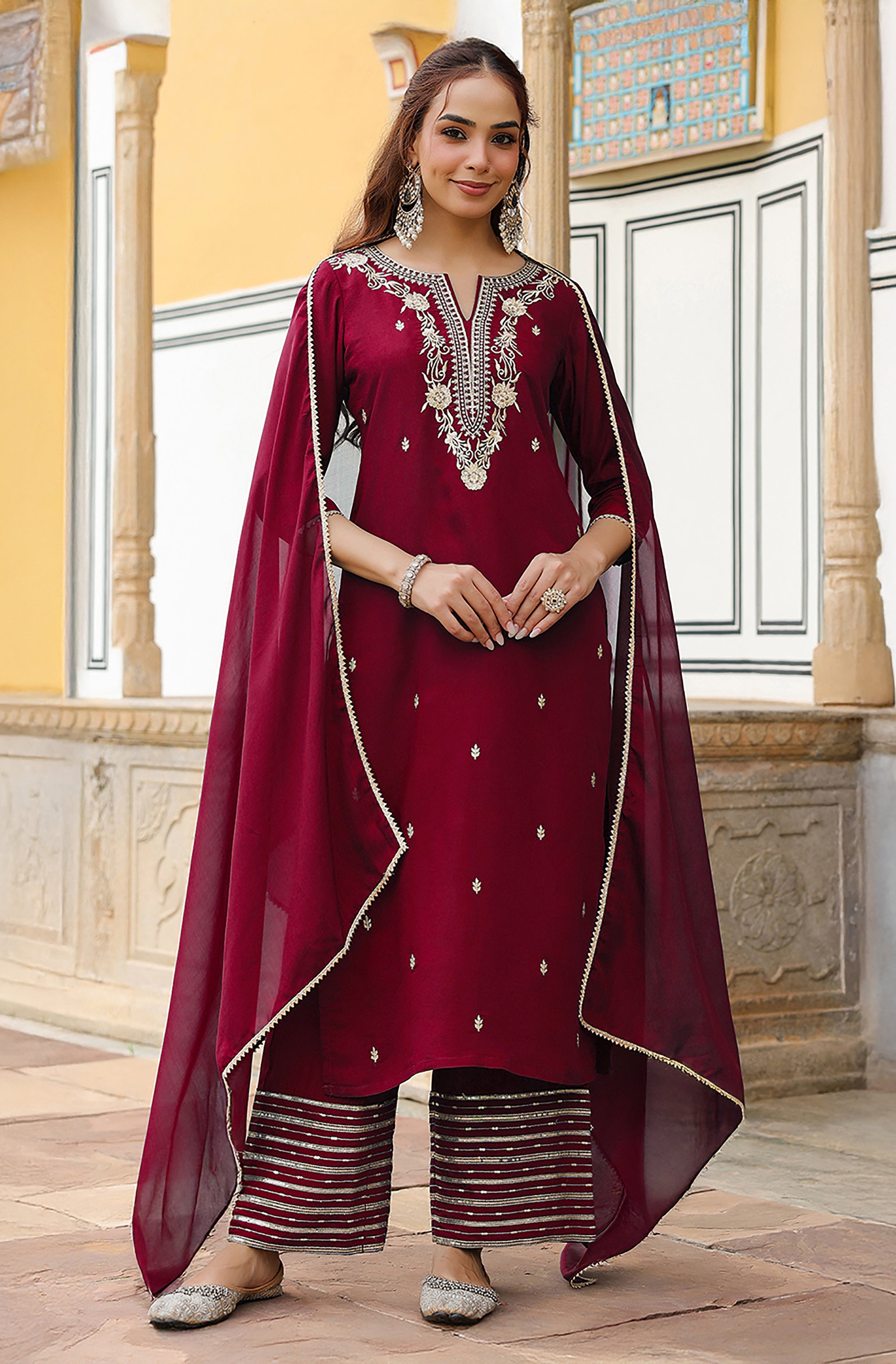 Janasya Women's Maroon Chanderi Silk Zari Embroidered Straight Kurta With Palazzo & Dupatta Set