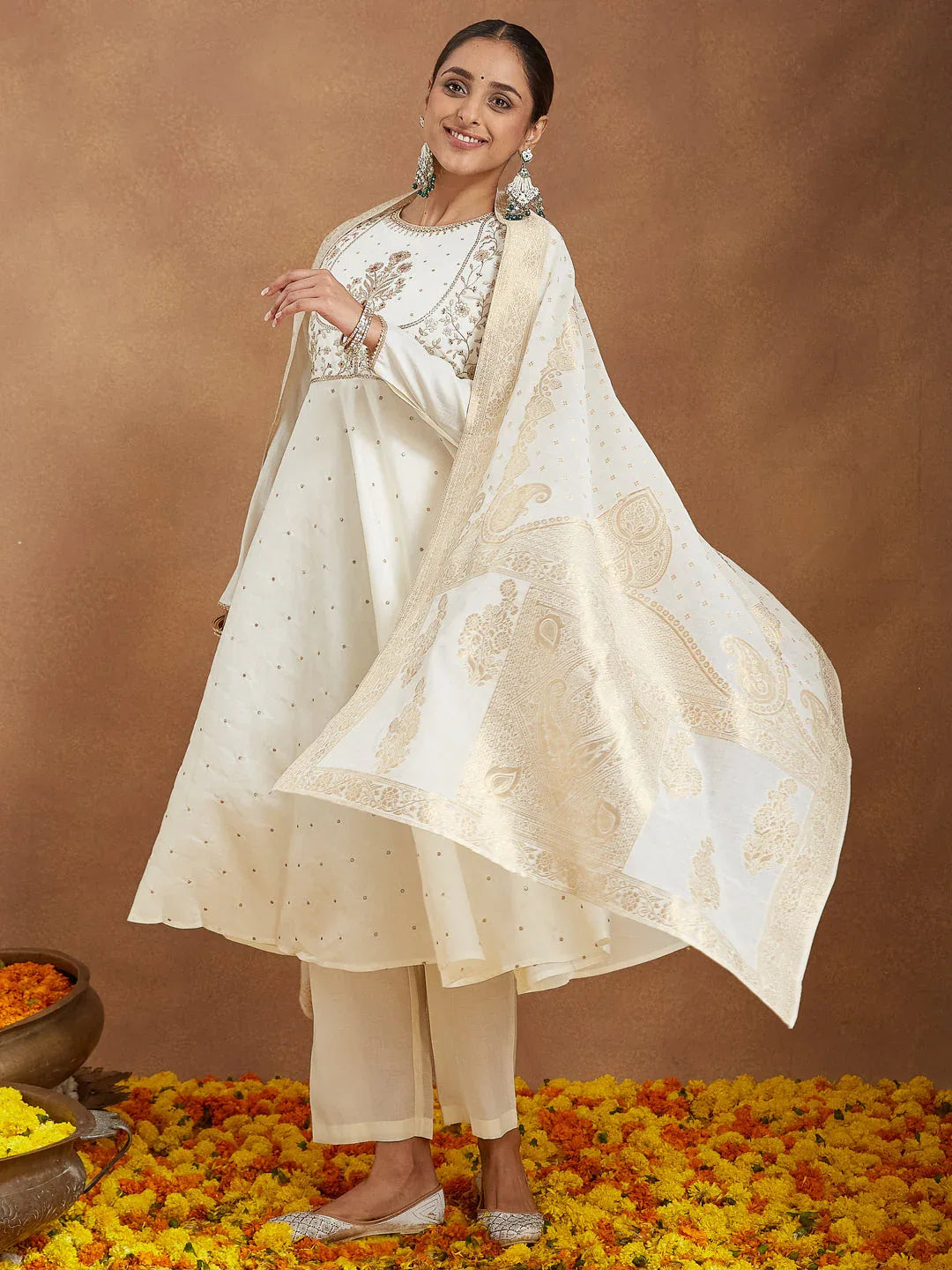 Janasya Women's Off White Chanderi Silk Embroidered A-line Kurta Set