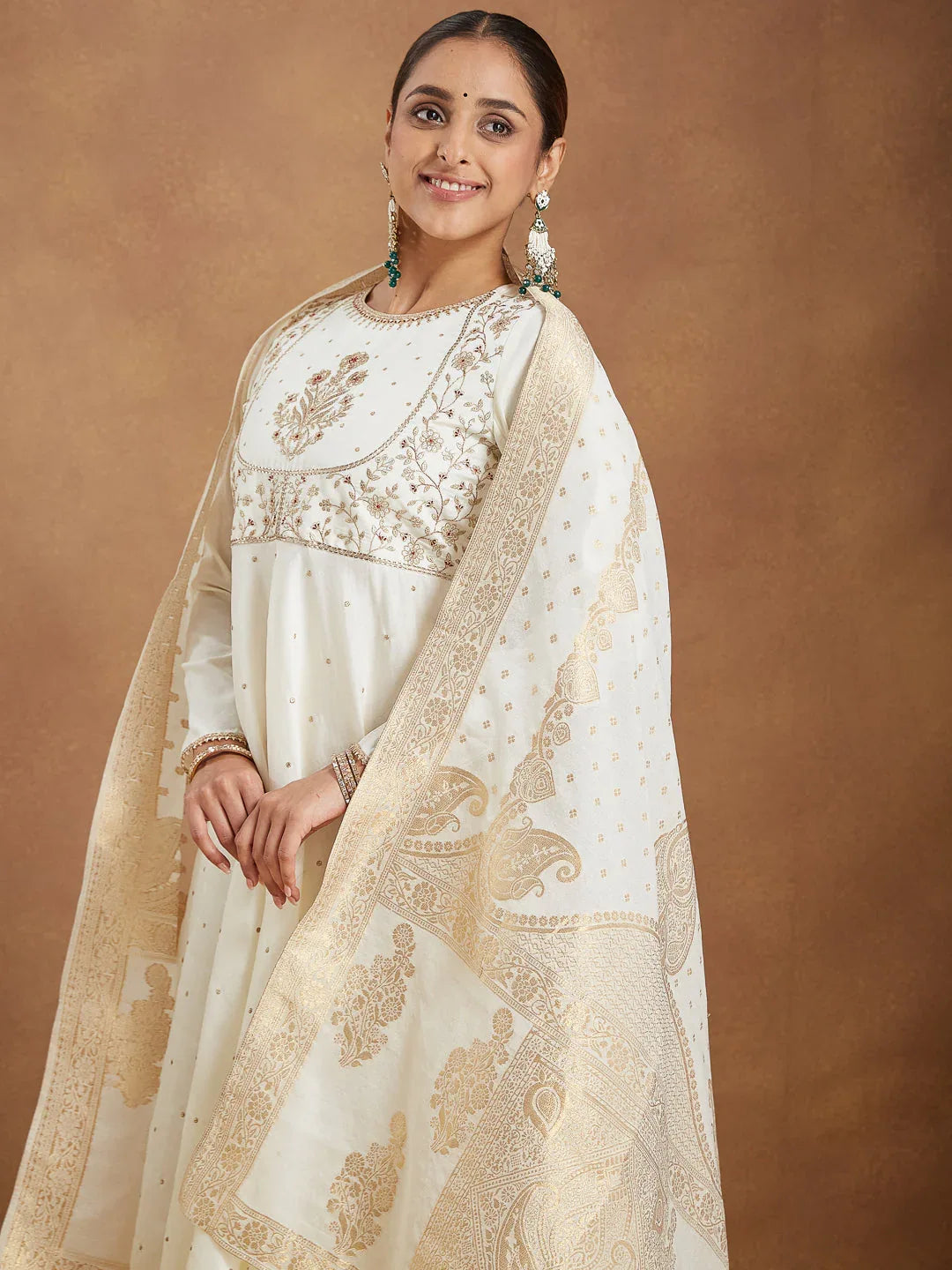 Janasya Women's Off White Chanderi Silk Embroidered A-line Kurta Set