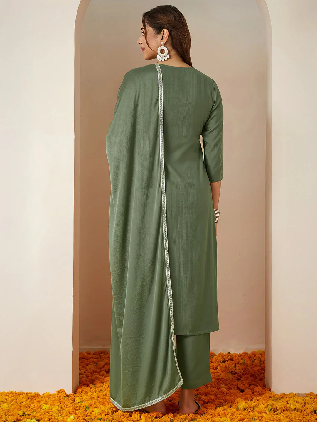 Janasya Women's Sage Green Silk Blend Embroidered Straight Kurta Set