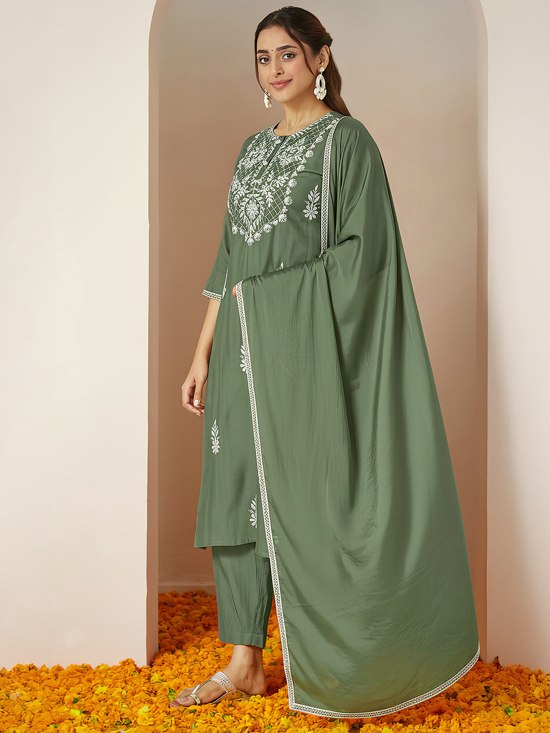 Janasya Women's Sage Green Silk Blend Embroidered Straight Kurta Set