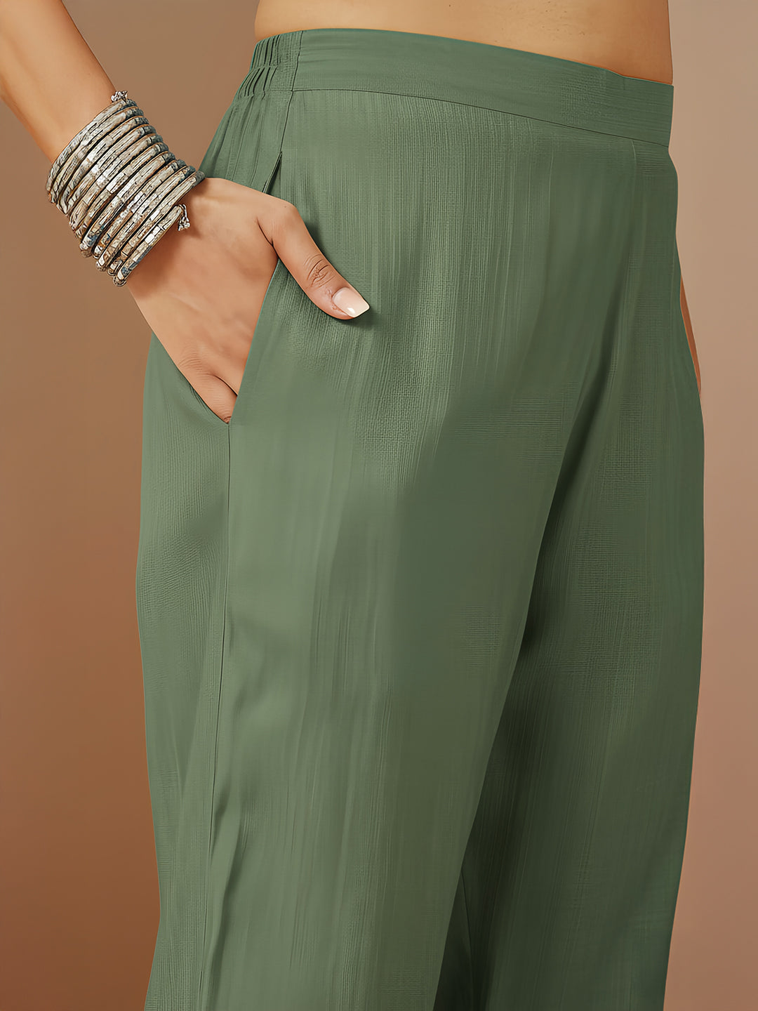 Janasya Women's Sage Green Silk Blend Embroidered Straight Kurta Set