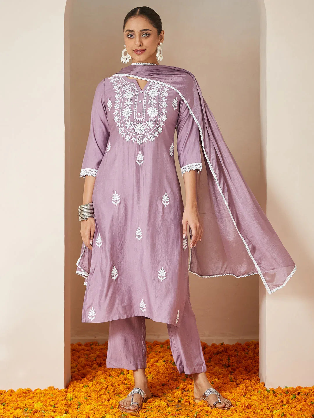Janasya Women's Lavender Silk Blend Embroidered Straight Kurta Set
