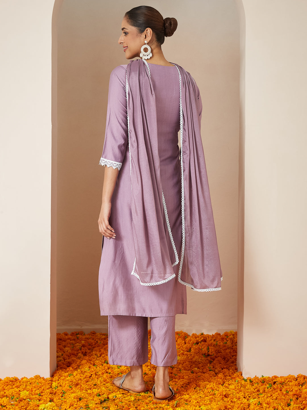 Janasya Women's Lavender Silk Blend Embroidered Straight Kurta Set - qivii