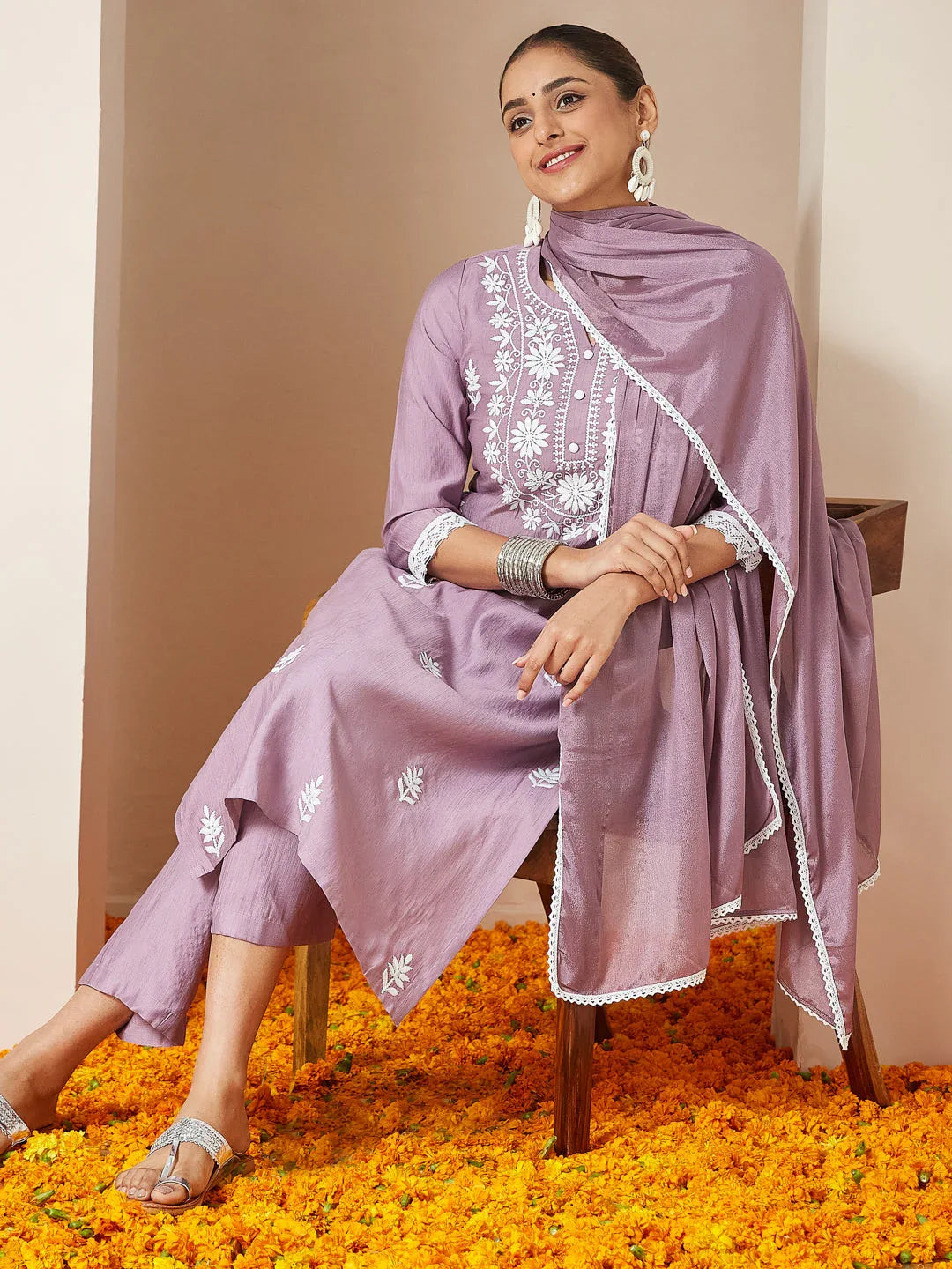Janasya Women's Lavender Silk Blend Embroidered Straight Kurta Set