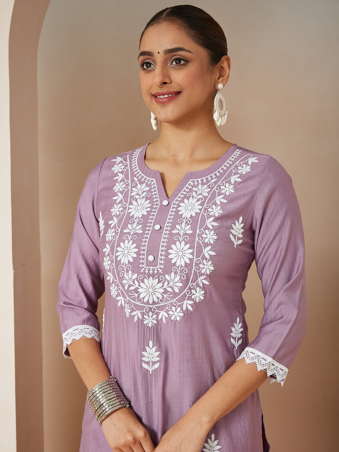 Janasya Women's Lavender Silk Blend Embroidered Straight Kurta Set - qivii