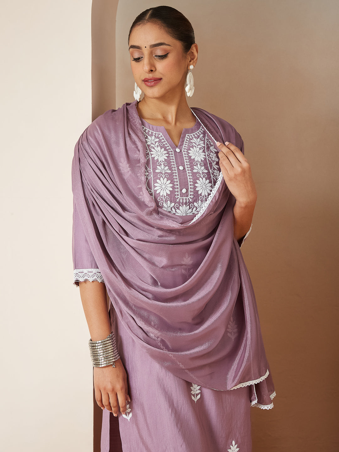 Janasya Women's Lavender Silk Blend Embroidered Straight Kurta Set - qivii