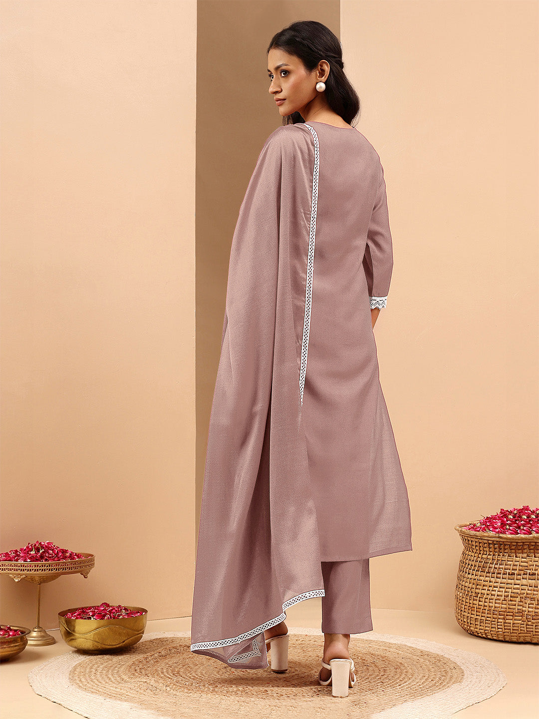 Janasya Women's Brown Silk Blend Embroidered Straight Kurta Set - qivii