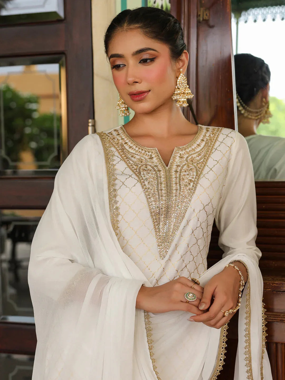 Janasya Women's Off White Chanderi Silk Gold Zari Yoke Embroidered Straight Kurta Set