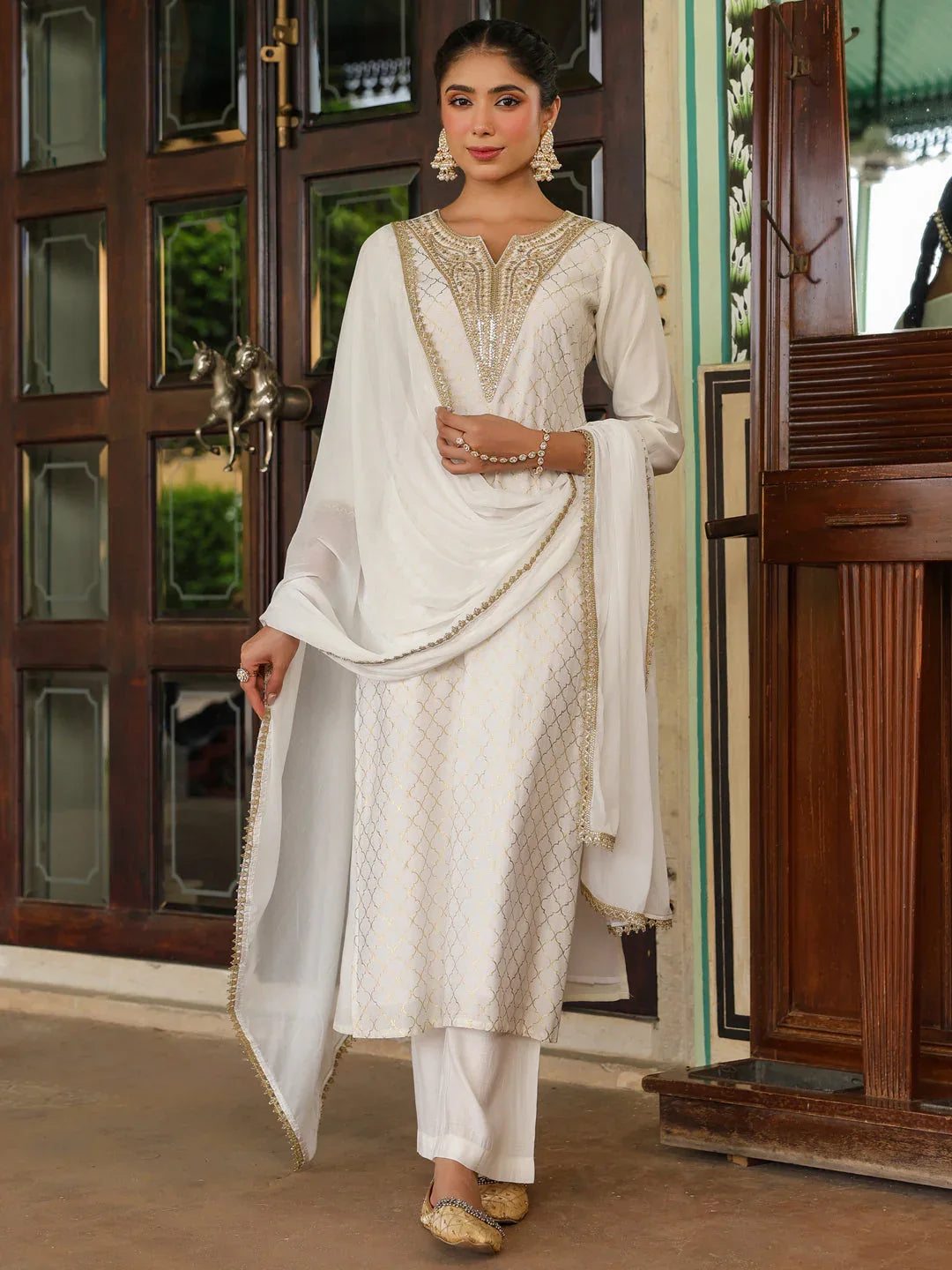 Janasya Women's Off White Chanderi Silk Gold Zari Yoke Embroidered Straight Kurta Set