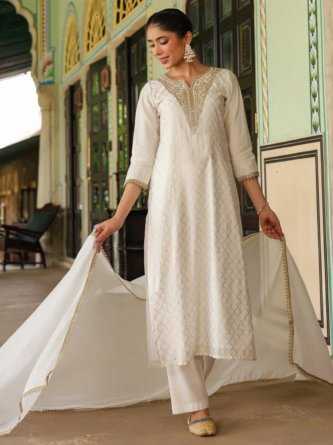 Janasya Women's Off White Chanderi Silk Gold Zari Yoke Embroidered Straight Kurta Set
