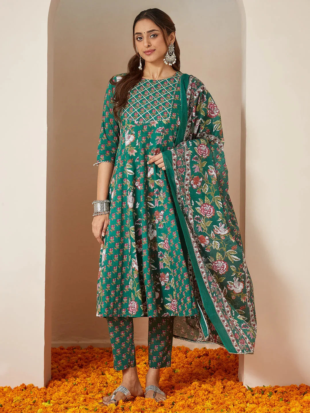 Janasya Women's Green Pure Cotton Floral Printed Yoke Design Anarkali Kurta Set