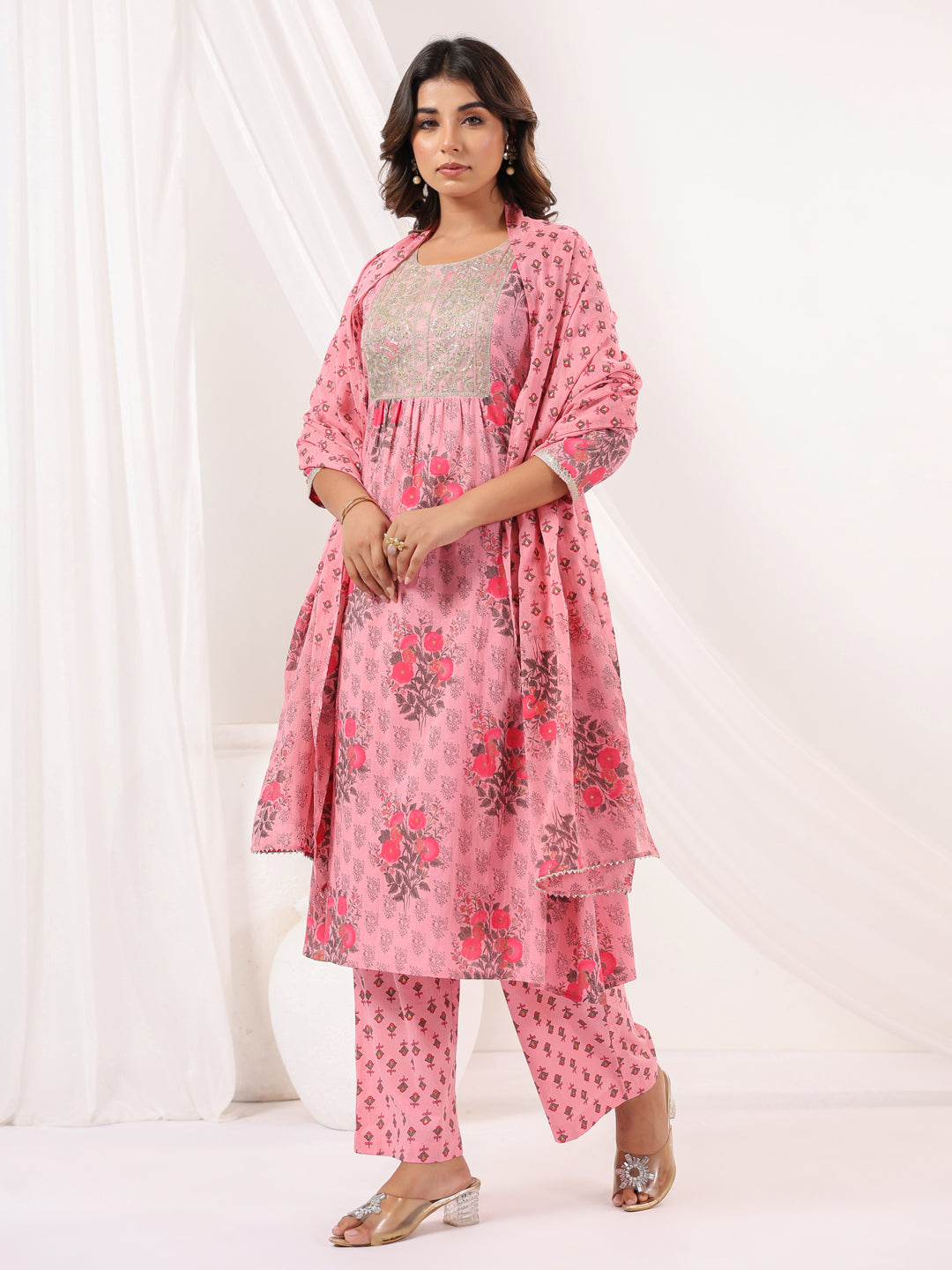 Janasya Women's Pink Pure Cotton Yoke Embroidered Floral Printed Gathered Kurta Set - qivii