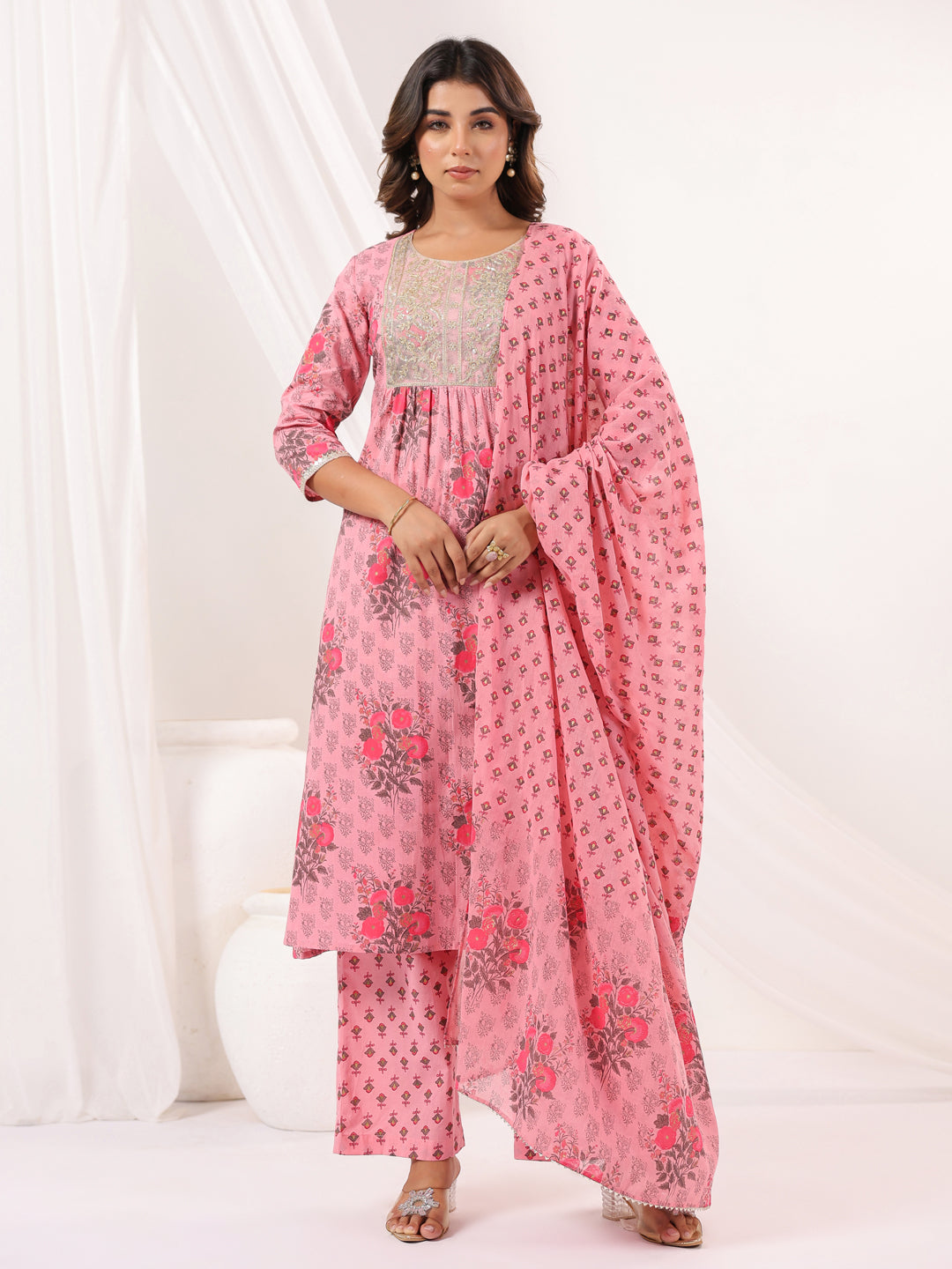 Janasya Women's Pink Pure Cotton Yoke Embroidered Floral Printed Gathered Kurta Set - qivii
