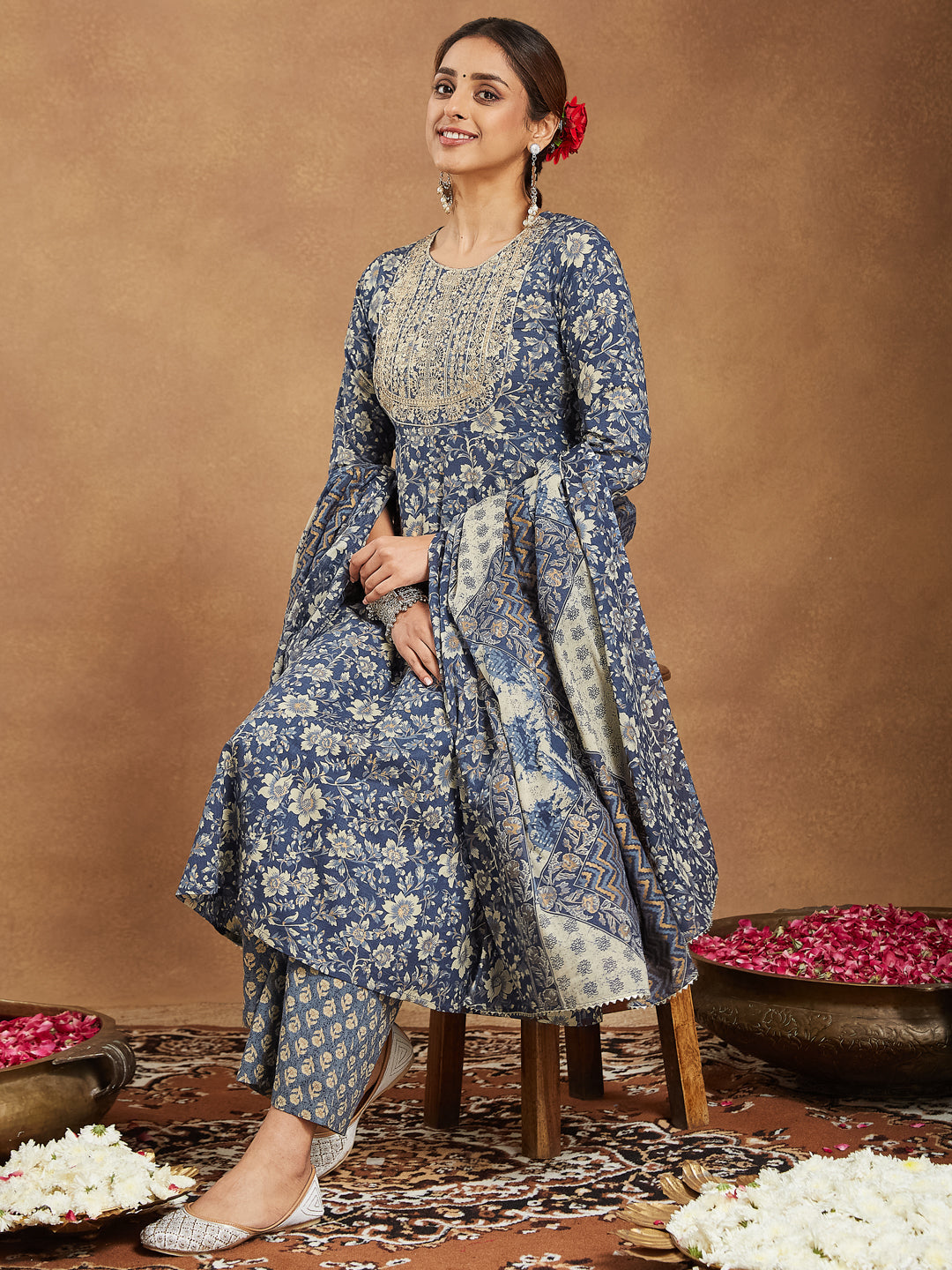 Janasya Women's Blue Pure Cotton Floral Printed Anarkali Kurta Set - qivii