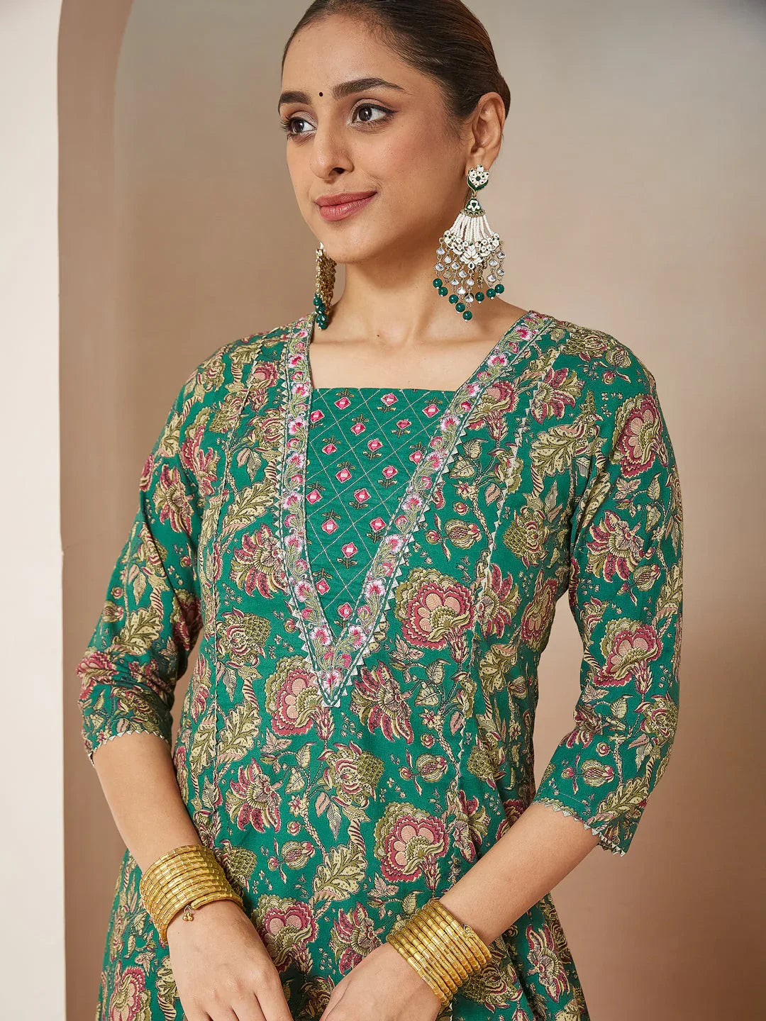 Janasya Women's Dark Green Pure Cotton Floral Printed Yoke Embroidered A-line Kurta Set