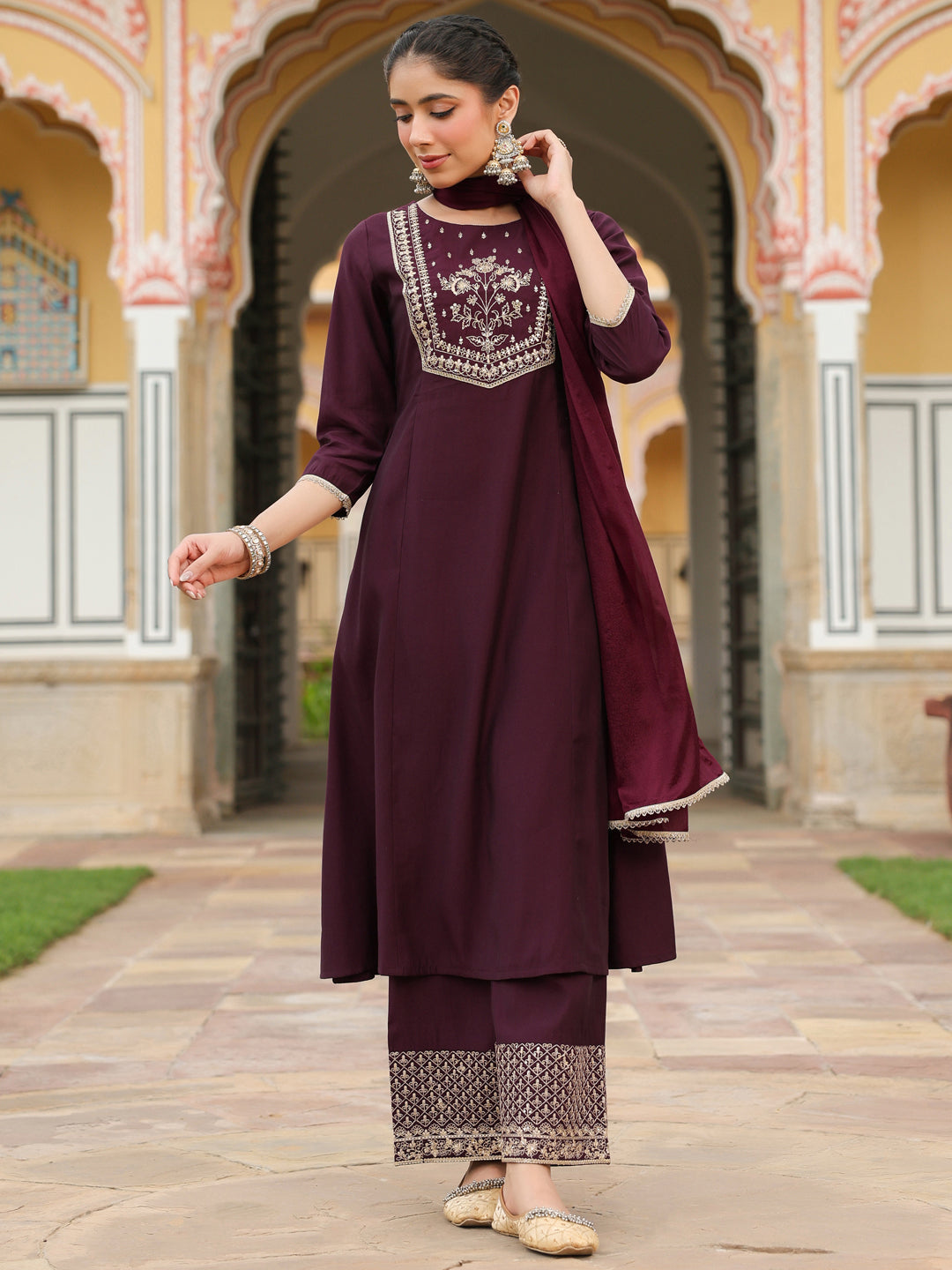 Janasya Women's Wine Chanderi Silk Zari Embroidered A-line Kurta With Palazzo & Dupatta Set - qivii