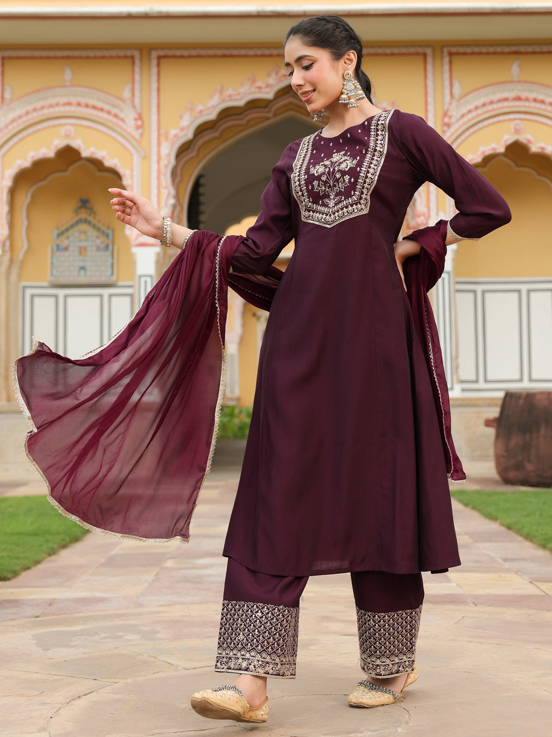 Janasya Women's Wine Chanderi Silk Zari Embroidered A-line Kurta With Palazzo & Dupatta Set - qivii