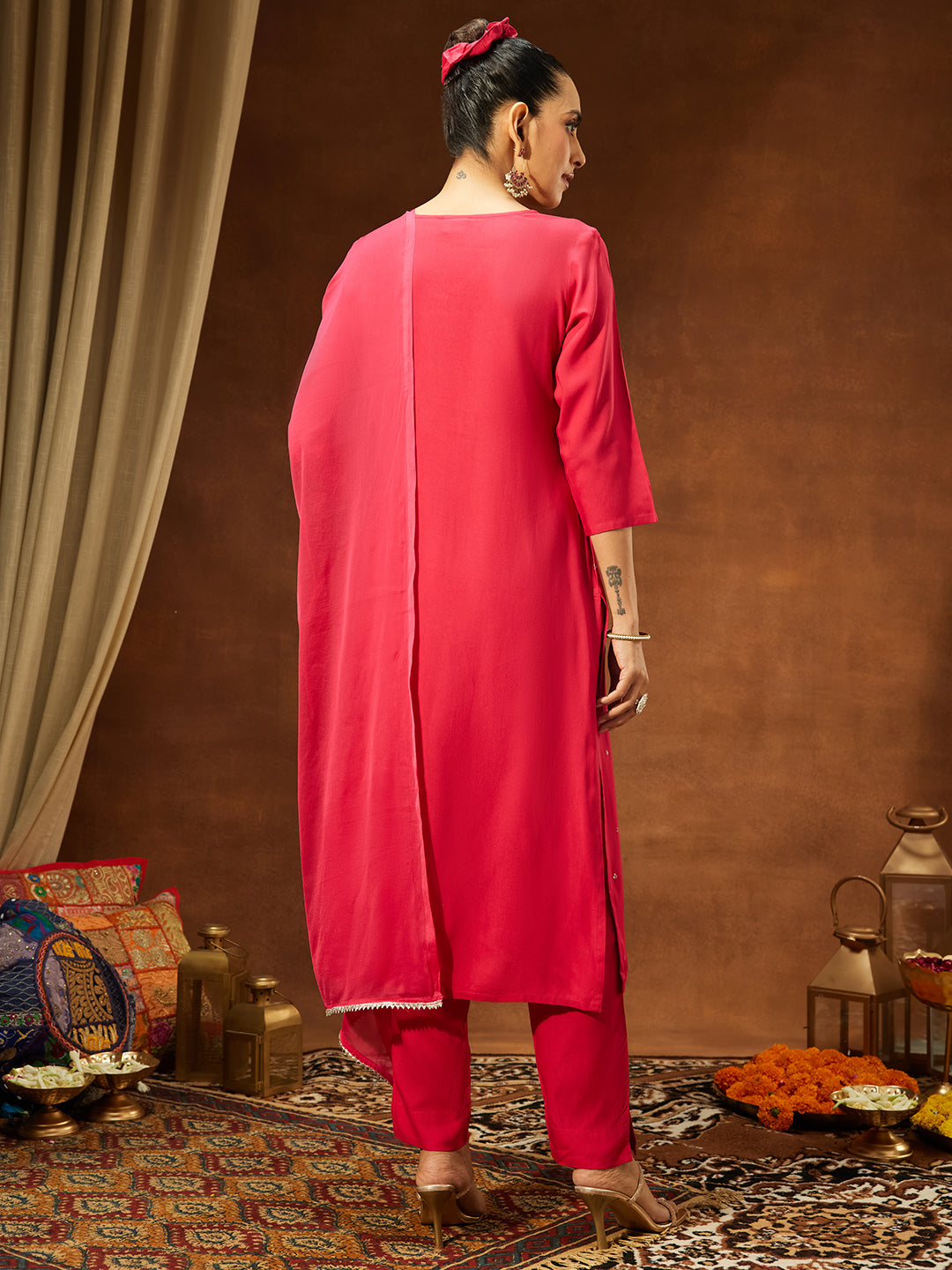 Janasya Women's Pink Rayon Embroidered Straight Kurta Set - qivii