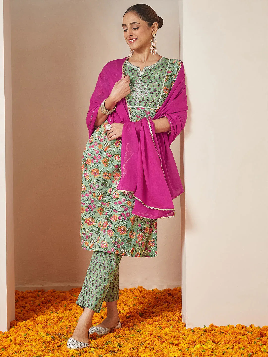 Janasya Women's Mint Green Pure Cotton Yoke Embroidered Floral Printed Straight Kurta Set