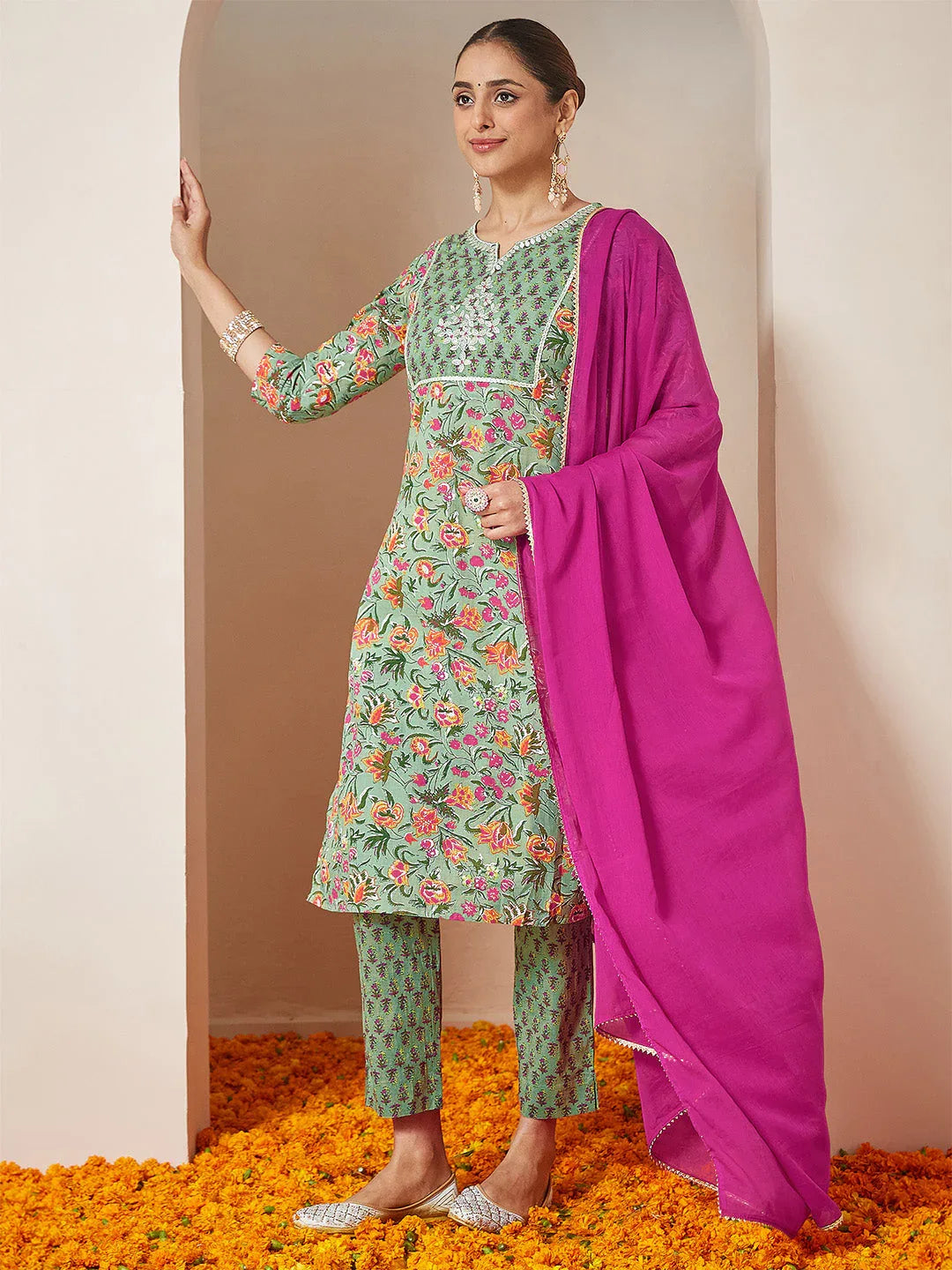 Janasya Women's Mint Green Pure Cotton Yoke Embroidered Floral Printed Straight Kurta Set