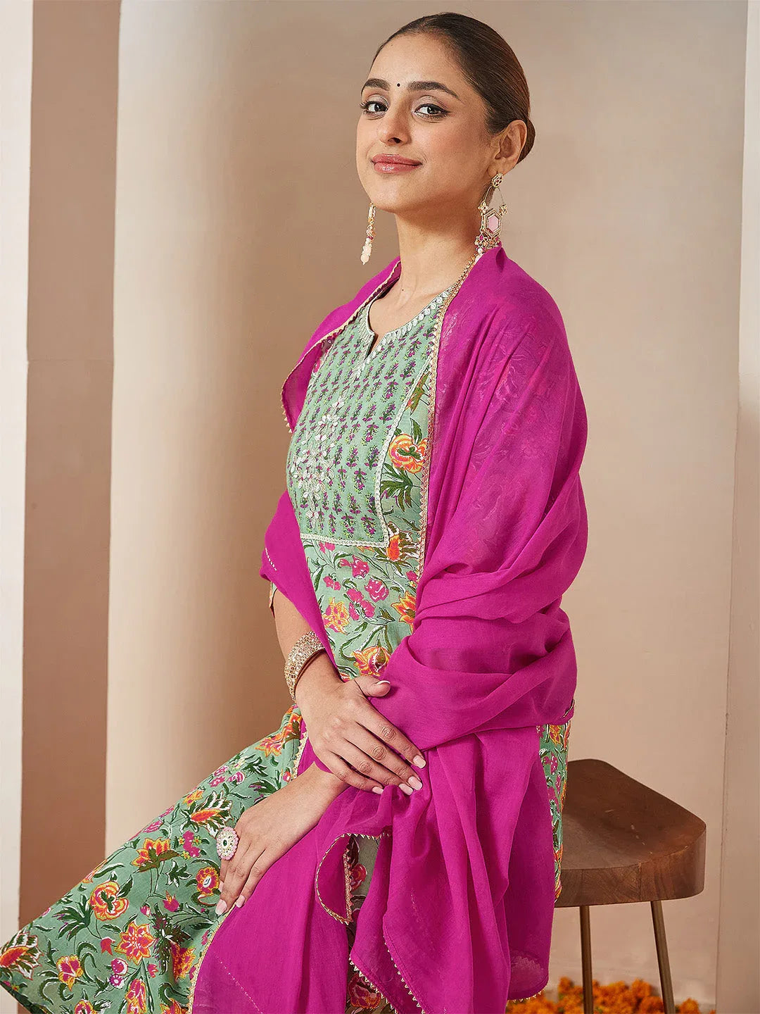 Janasya Women's Mint Green Pure Cotton Yoke Embroidered Floral Printed Straight Kurta Set