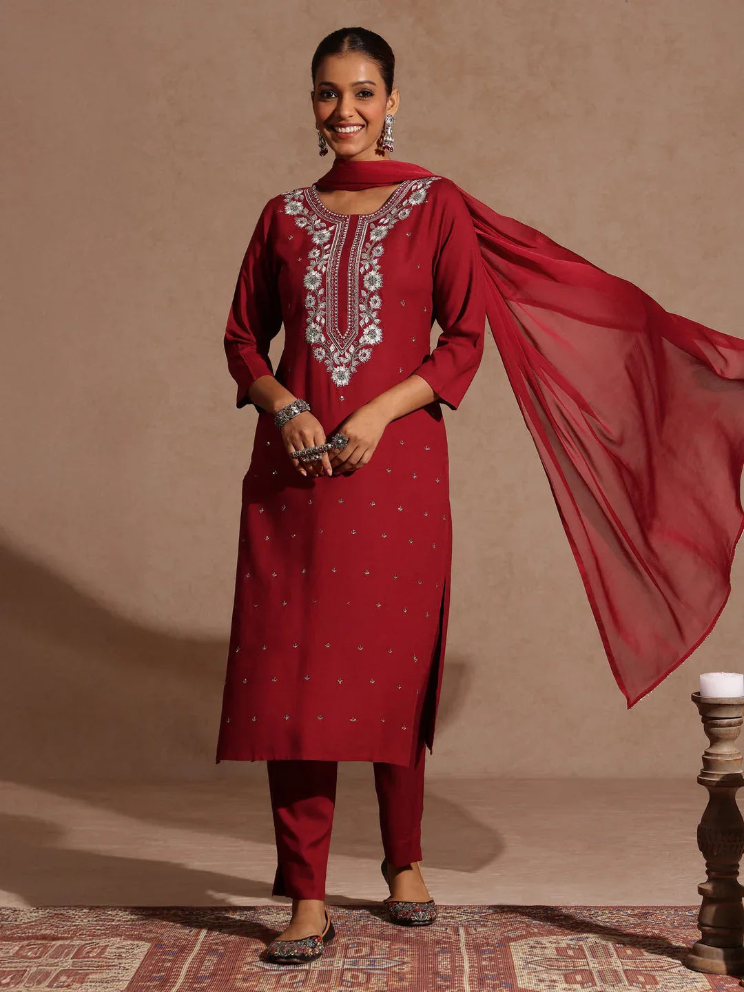 Janasya Women's Maroon Rayon Yoke Embroidered Sequinned Straight Kurta Set With Dupatta