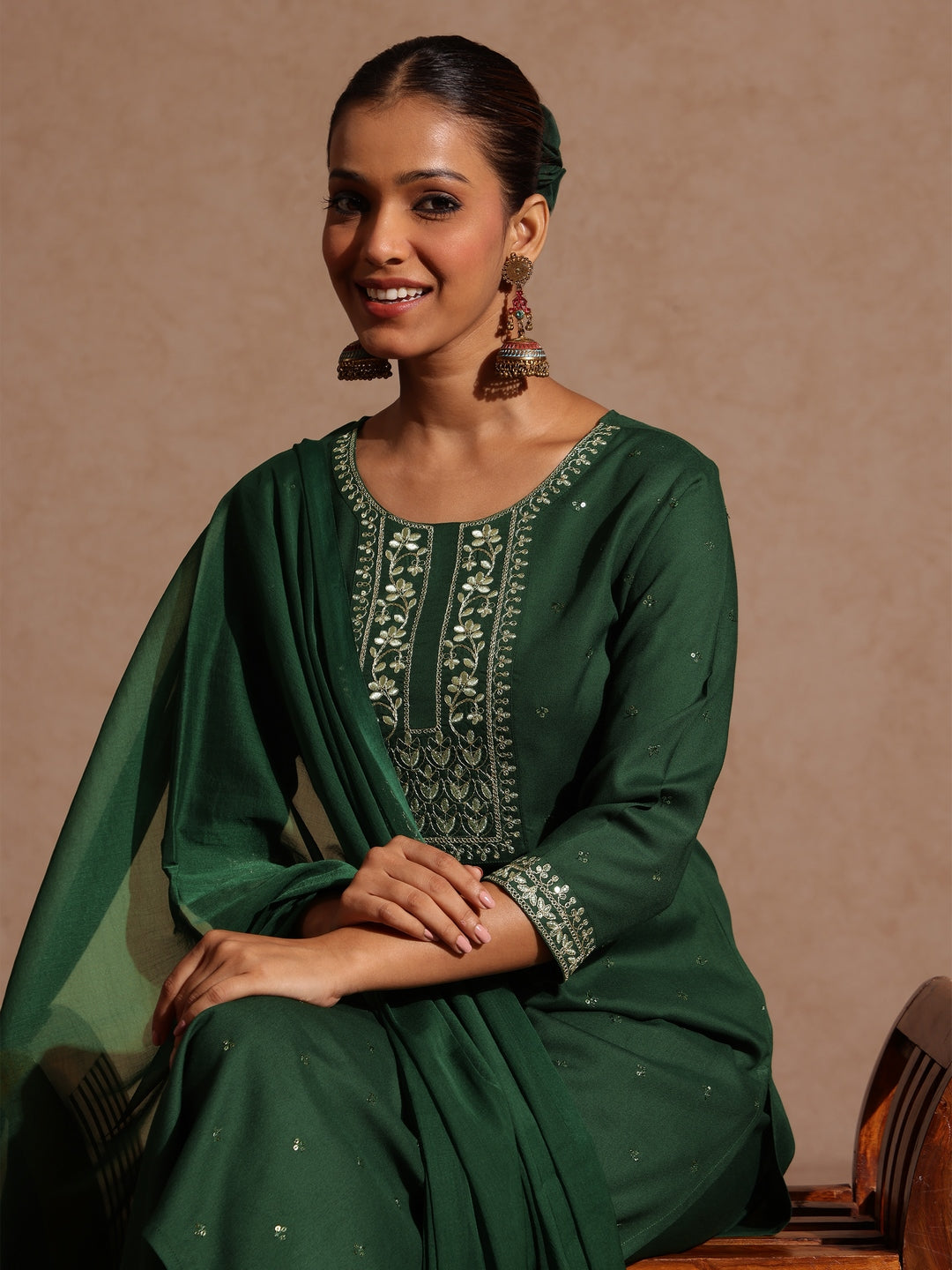 Janasya Women's Green Rayon Yoke Embroidered Sequinned Straight Kurta Set With Dupatta - qivii