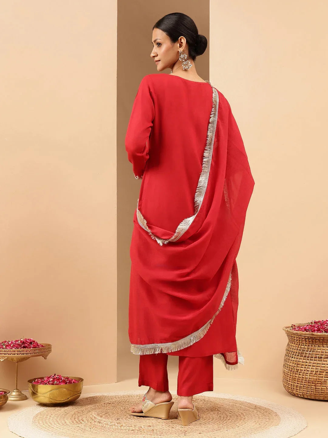 Janasya Women's Maroon Rayon Yoke Embroidered Straight Kurta Set