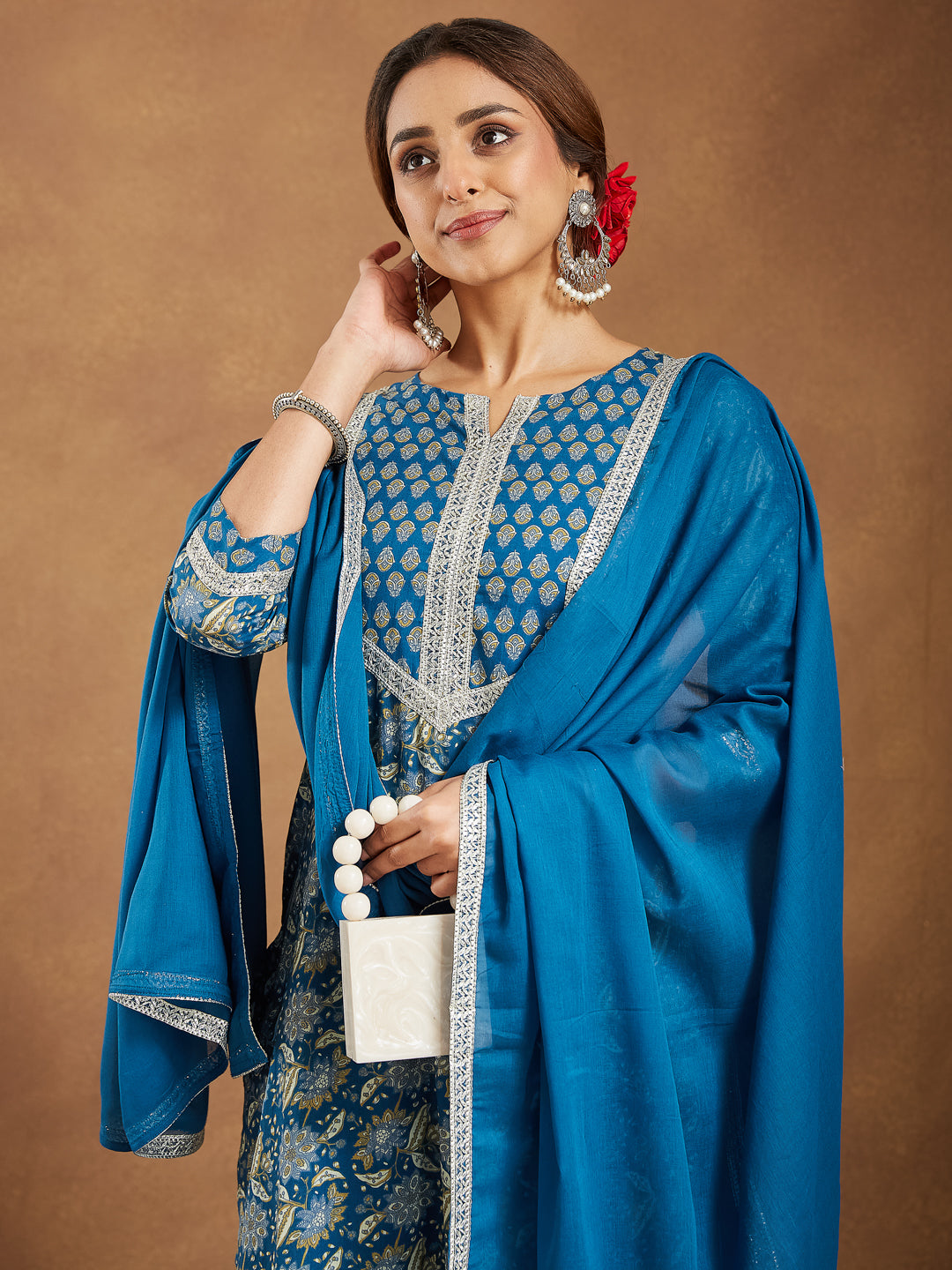 Janasya Women's Teal Blue Pure Cotton Yoke Design Floral Printed Straight Kurta Set - qivii