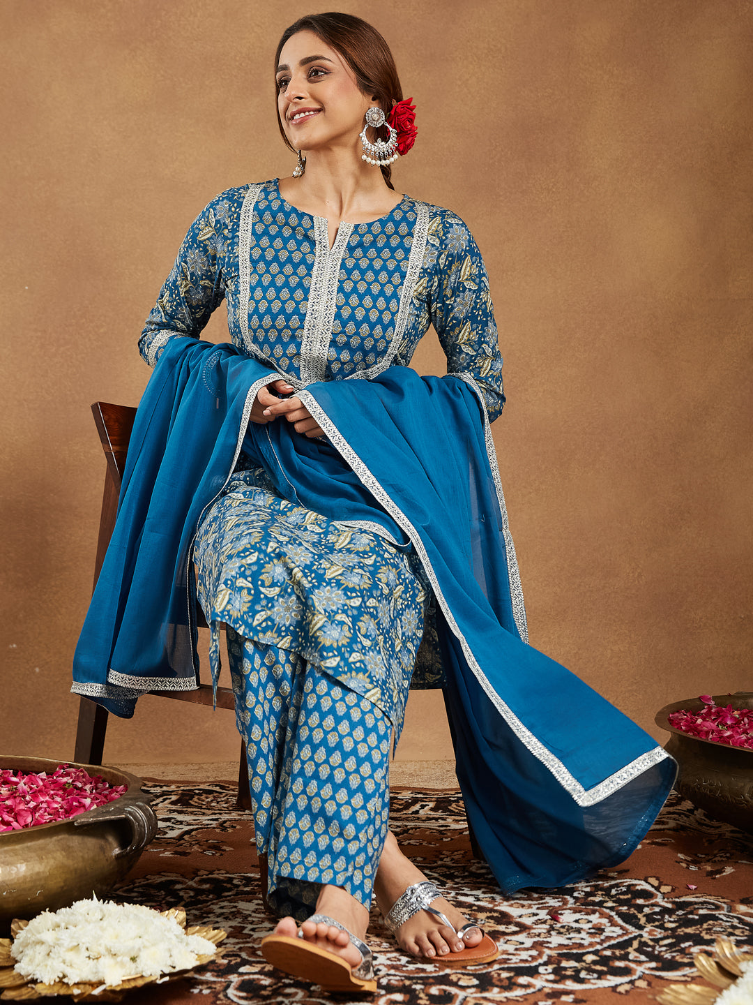 Janasya Women's Teal Blue Pure Cotton Yoke Design Floral Printed Straight Kurta Set - qivii