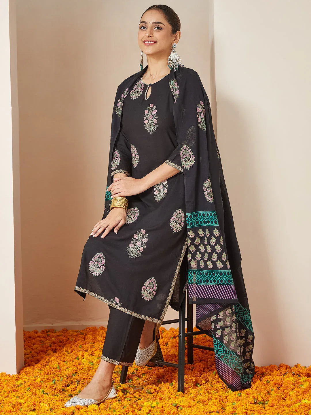 Janasya Women's Black Rayon Floral Gold Printed Straight Kurta Set