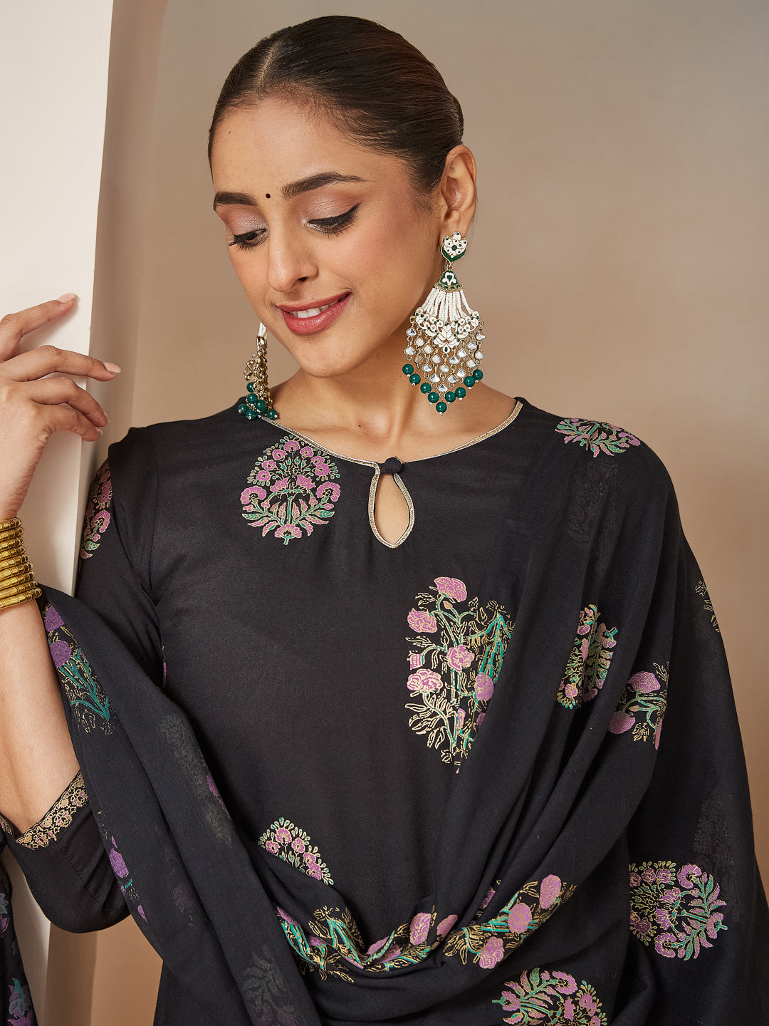 Janasya Women's Black Rayon Floral Gold Printed Straight Kurta Set - qivii