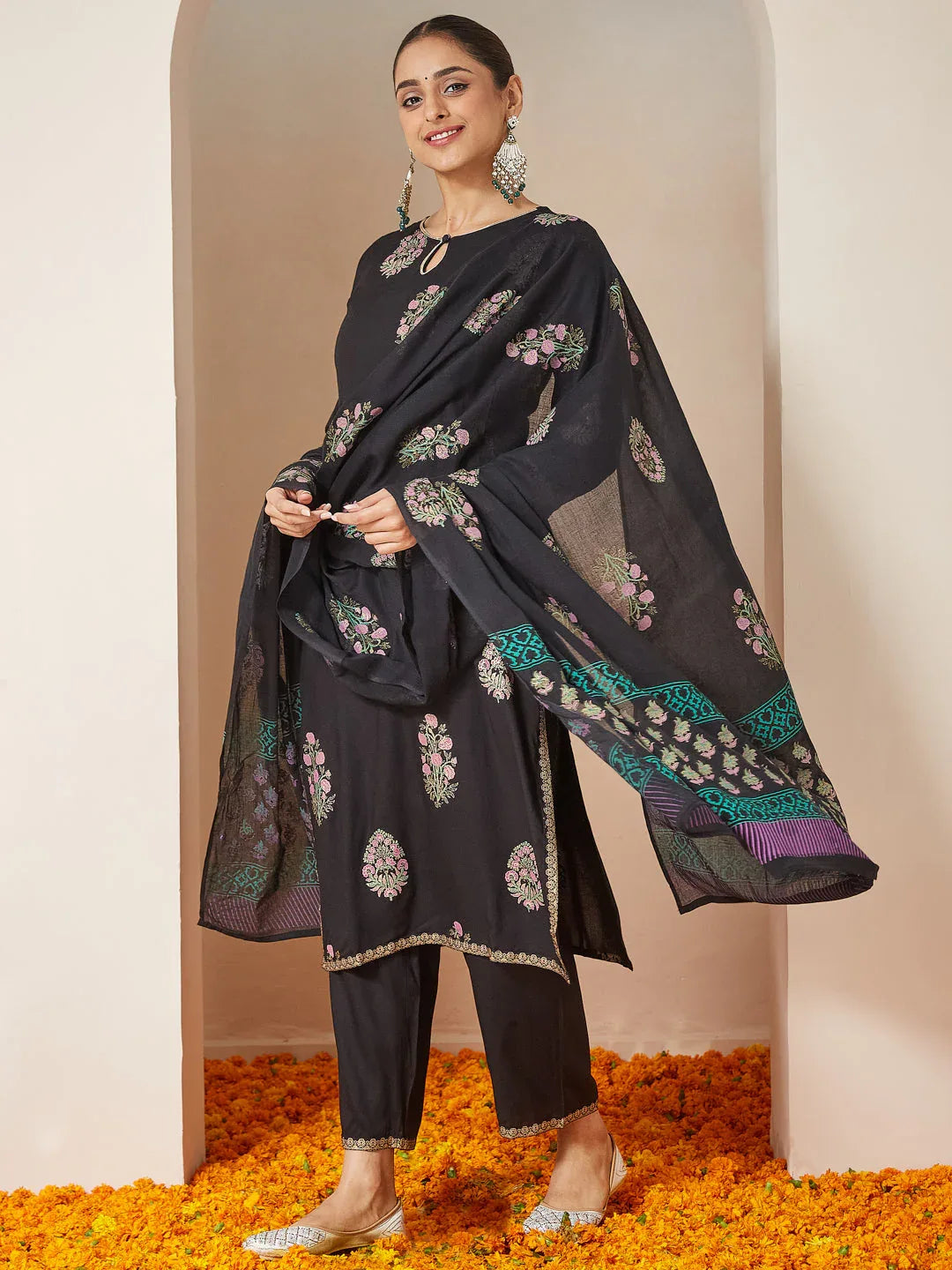 Janasya Women's Black Rayon Floral Gold Printed Straight Kurta Set