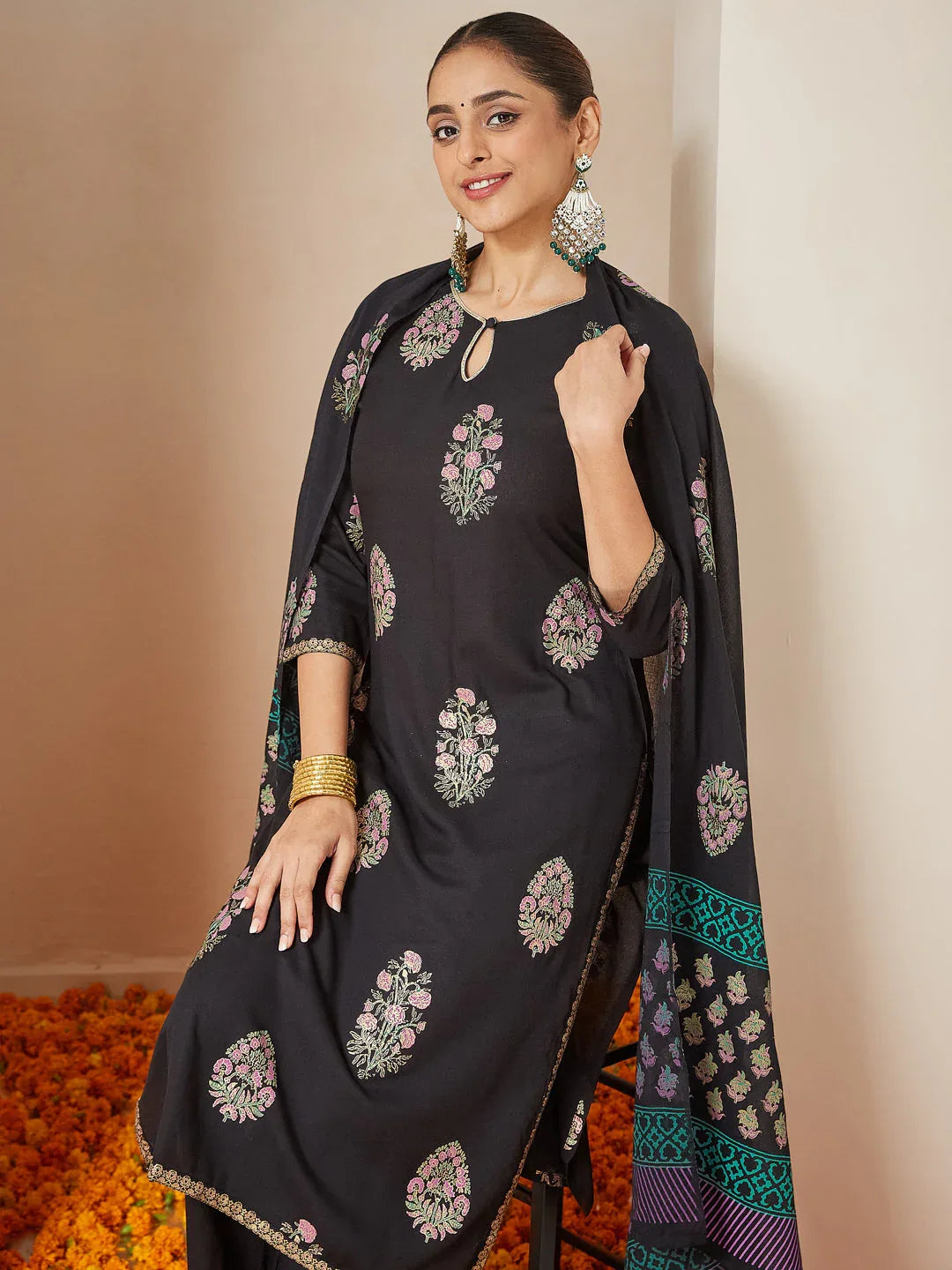 Janasya Women's Black Rayon Floral Gold Printed Straight Kurta Set